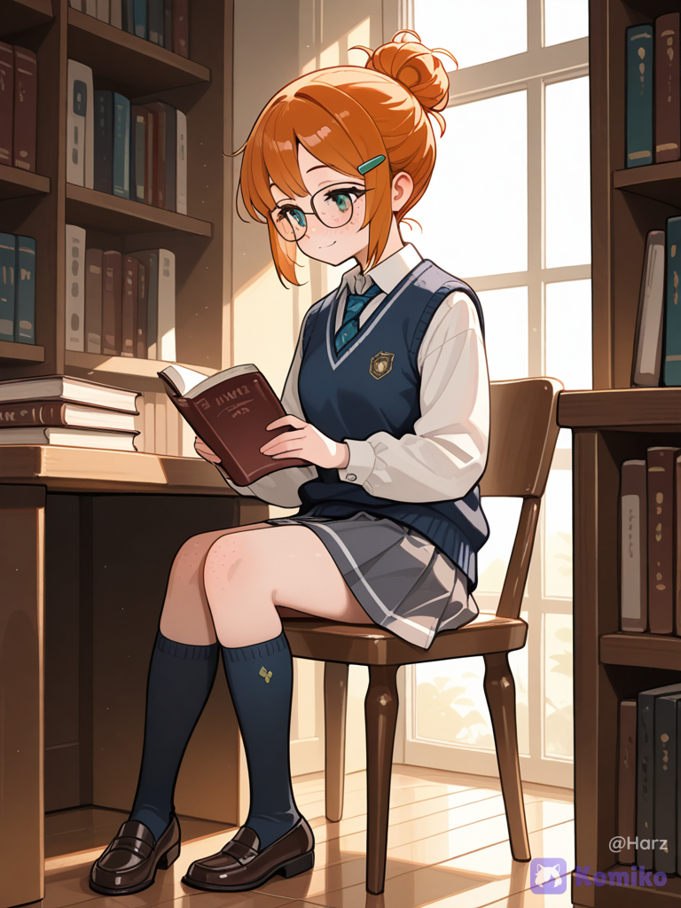 A nerdy girl sitting in library