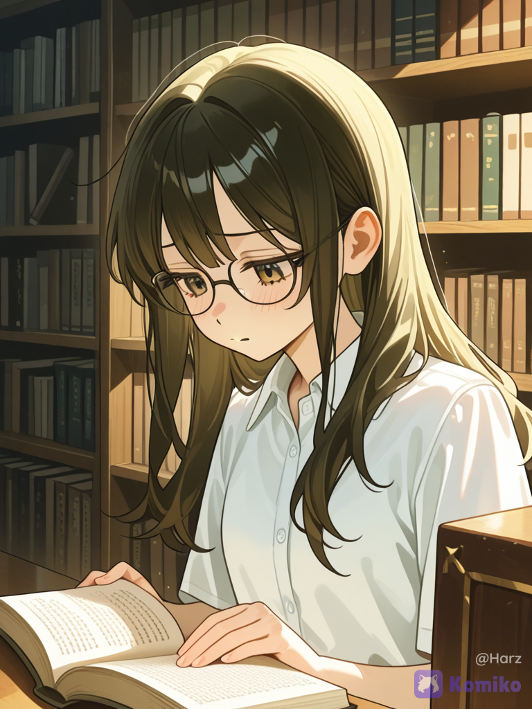 A nerdy girl sitting in library wearing white shirt with open hair