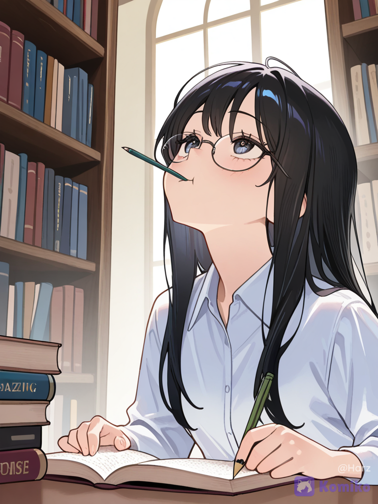 A nerdy girl sitting in library wearing white shirt with open hair chewing pencil