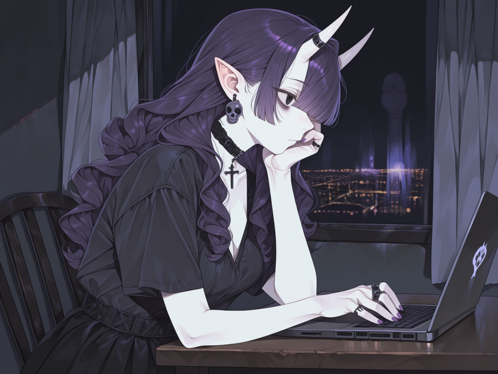 1girl, @violet-VIJr, side profile photo, looking away, night, side light, city lights, goth fashion room, table, chair, laptop, using laptop, window, curtains, indoors, leaning on table, hand on own face, [glimmer-anime-style]