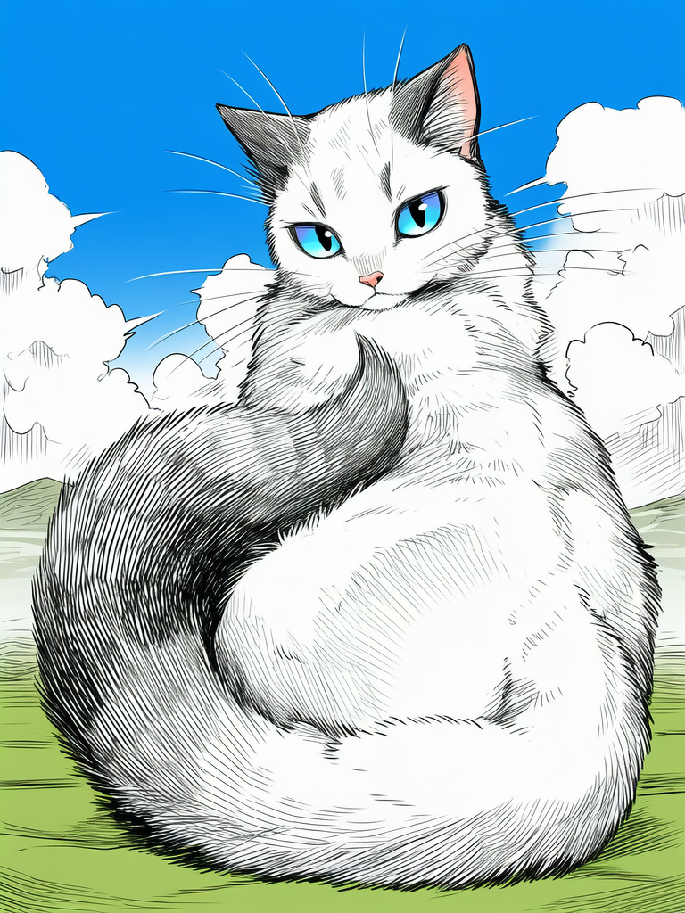 [grayscale-manga-style], giant cat, fluffy fur, claws, mischivious, fluffy tail, big tail, fuzzy fur, blue eyes, clouds, in sky, on cloud, lying on cloud, white fur