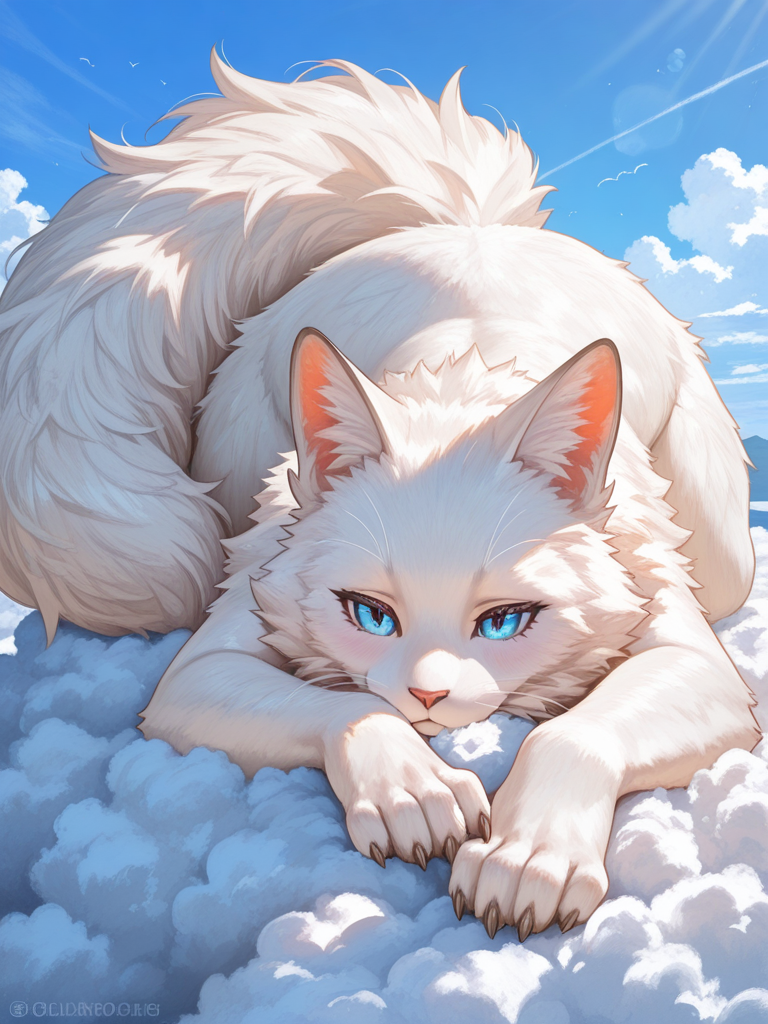 [soft-luminous-anime-style], oil painting (medium), giant cat, fluffy fur, claws, mischivious, fluffy tail, big tail, fuzzy fur, blue eyes, clouds, in sky, on cloud, lying on cloud, white fur
