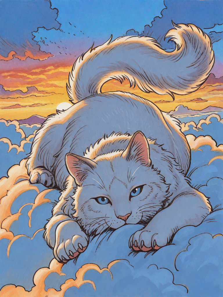 [refined-fantasy-style], oil painting (medium), giant cat, fluffy fur, claws, mischivious, fluffy tail, big tail, fuzzy fur, blue eyes, clouds, in sky, on cloud, lying on cloud, white fur