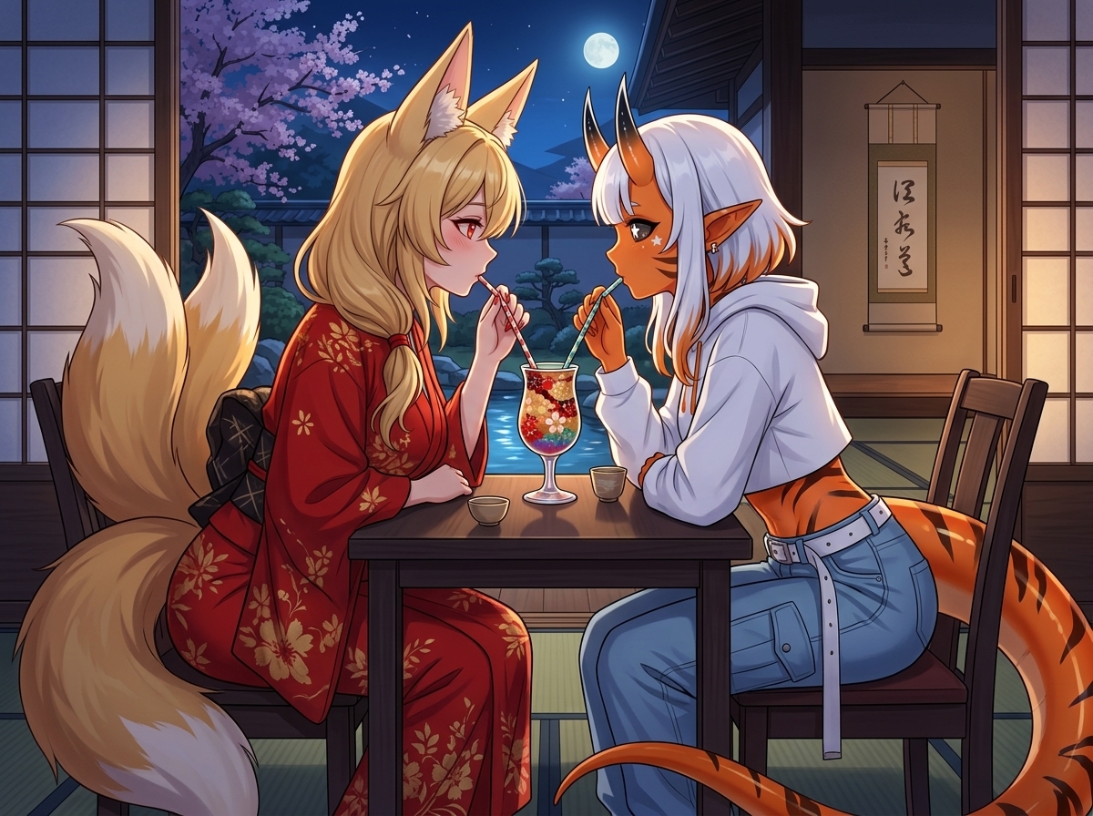 @xire-Rtnu and @alexandra-zV0F are both sitting on chairs opposite from each other, [grayscale-manga-style], there is a beautifully decorated drink on the table with two straws, they are both drinking from the straws and looking at each other while leaning on the table