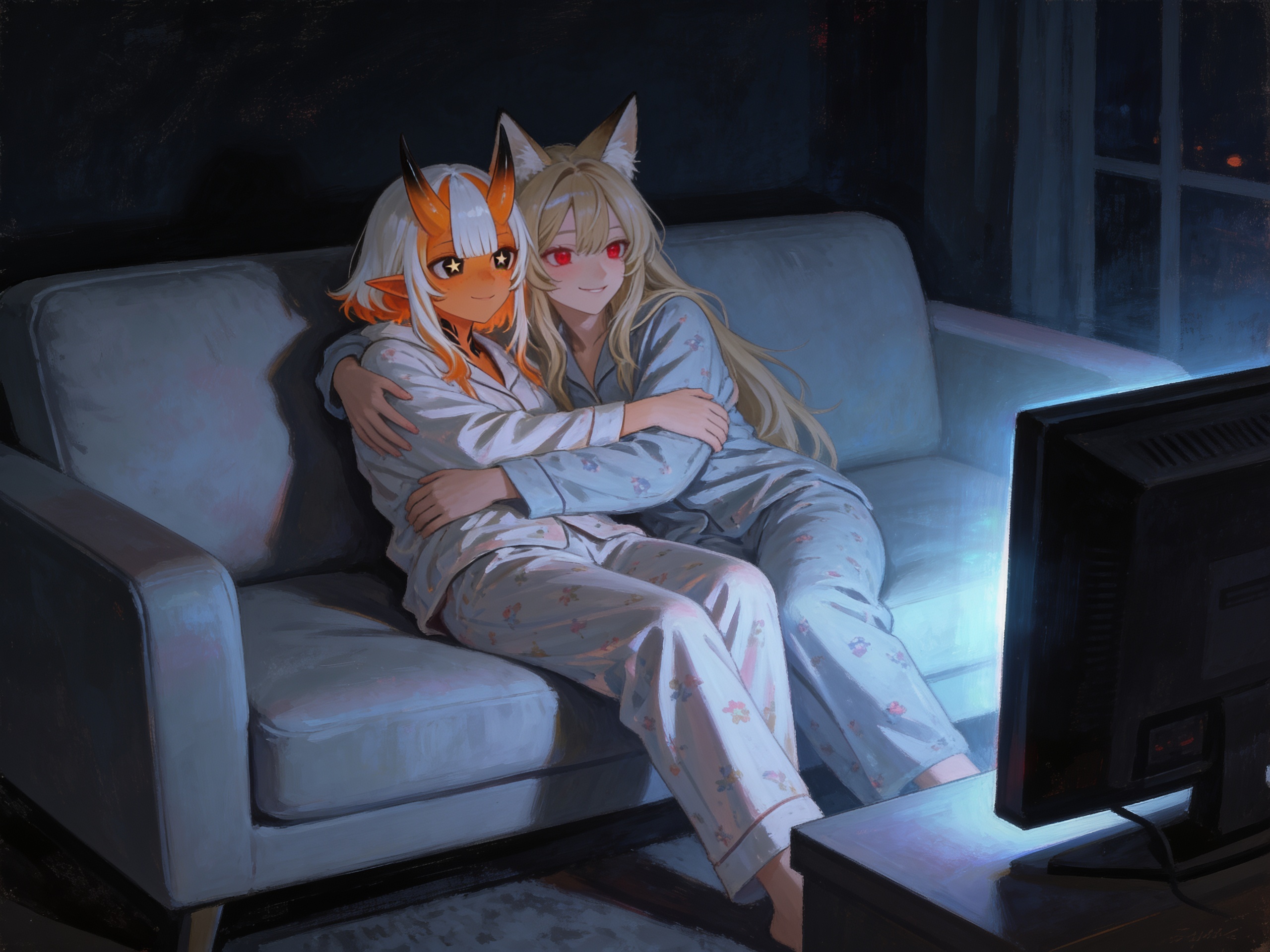 @xire-Rtnu and @alexandra-zV0F are both sitting on a couch in pajamas watching a tv indoors of a modern looking environment, they are hugging and having a good time smiling, it is night time and the room is enlightened only by the tv, they are watching the tv and leaning on the couch., [gothic-oil-painting-style]