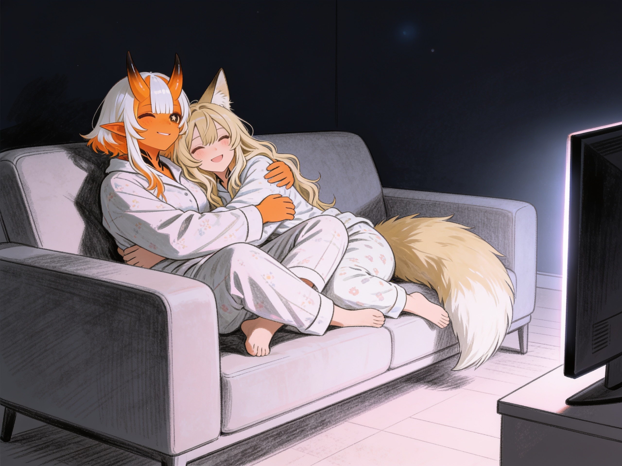 @xire-Rtnu and @alexandra-zV0F are both sitting on a couch in pajamas watching a tv indoors of a modern looking environment, they are hugging and having a good time smiling, it is night time and the room is enlightened only by the tv, they are watching the tv and leaning on the couch., [digital-painterly-style]