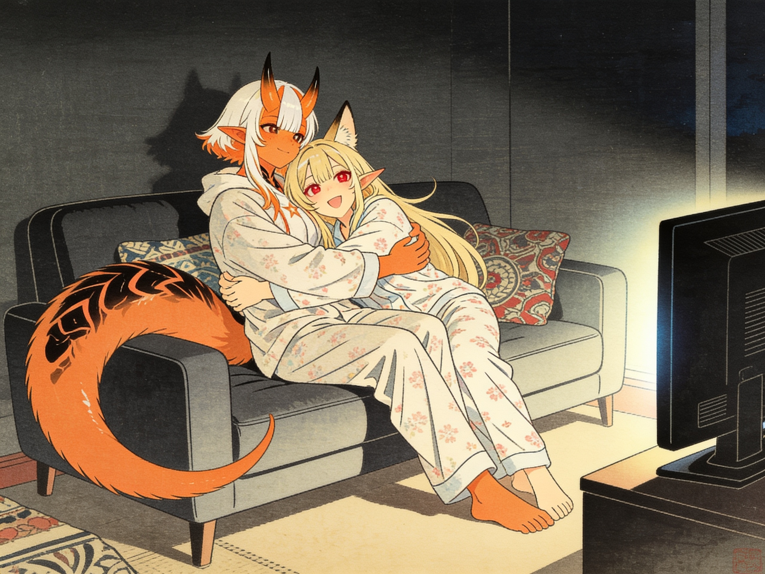 @xire-Rtnu and @alexandra-zV0F are both sitting on a couch in pajamas watching a tv indoors of a modern looking environment, they are hugging and having a good time smiling, it is night time and the room is enlightened only by the tv, they are watching the tv and leaning on the couch., [ukiyo-e-style]