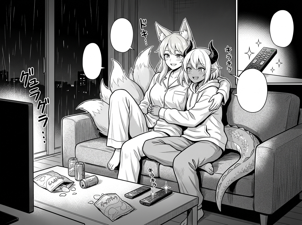 @xire-Rtnu and @alexandra-zV0F are both sitting on a couch in pajamas watching a tv indoors of a modern looking environment, they are hugging and having a good time smiling, it is night time and the room is enlightened only by the tv, [grayscale-manga-style], they are watching the tv and leaning on the couch.
