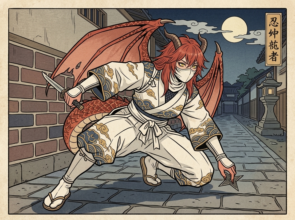 [ukiyo-e-style], @ignazure-M9si, kunoichi, ninja, shuriken, short dagger, white outfit, cobblestone, pathway, brick wall, crouching, leaning forward, ninja mask, night