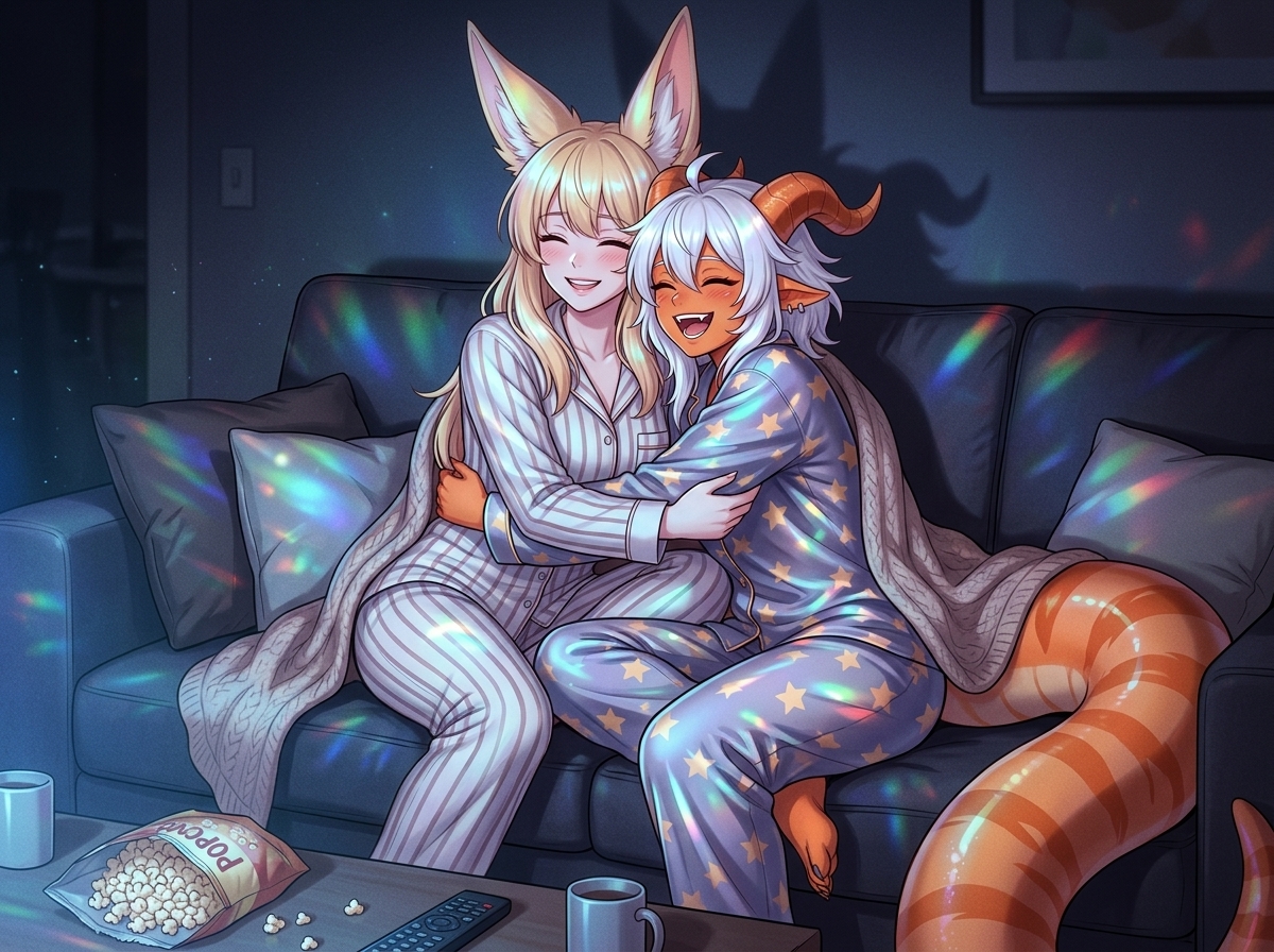 @xire-Rtnu and @alexandra-zV0F are both sitting on a couch in pajamas watching a tv indoors of a modern looking environment, they are hugging and having a good time smiling, it is night time and the room is enlightened only by the tv, they are watching the tv and leaning on the couch., [iridescent-style]