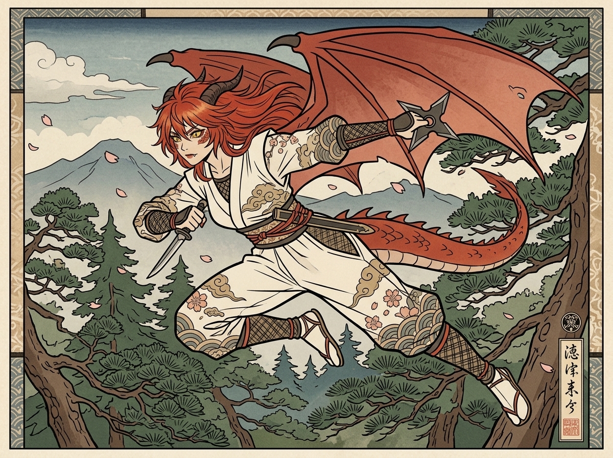 [ukiyo-e-style], @ignazure-M9si, kunoichi, ninja, shuriken, short dagger, white outfit, in air, jumping, tree