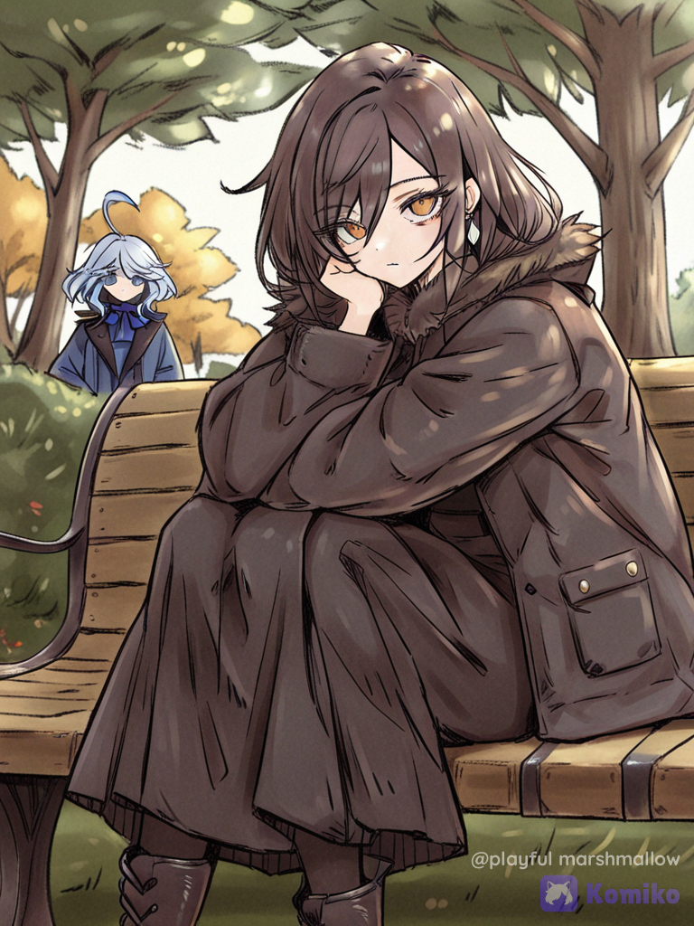 [soft-wash-sketch-style], 2girls, furina (genshin impact), tifa lockhart, 2people, fur collar coat, vest, high-waist skirt, tuxedo, studs, braided hair, combat boots, fuchsia, blurred background, cinematic lighting, field, park, medium shot, looking at viewer, dappled sunlight, wind, hair blowing, soft focus, vibrant colors