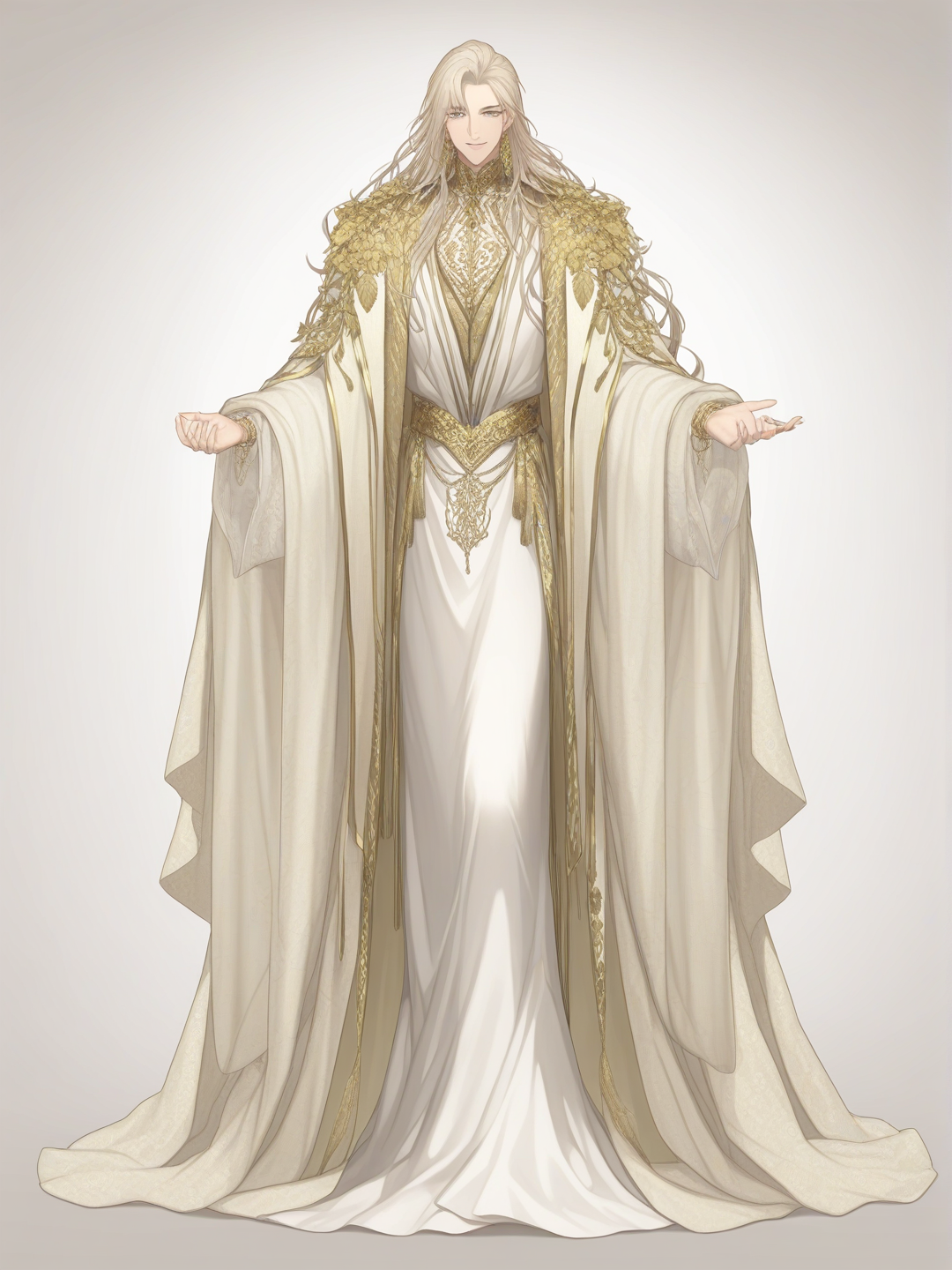 [ethereal-bishounen-style]1boy, Shuraka Loram, Blossoms of the White Night, Arnata, tall, broad shoulders, elegant posture, warm brown skin, rich complexion, pale ivory-blond hair with golden tint, long hair, layered hair, tousled hair, face-framing hair, swept bangs, icy silver-blue eyes, large eyes, long eyelashes, regal gaze, aristocratic face, defined jawline, high cheekbones, straight nose, full lips, calm expression, princely beauty, ethereal, elaborate ivory white royal outfit, soft cream accents, extensive gold embroidery, wide sleeves, flowing fabric, layered clothing, botanical floral patterns, olive-green details, muted teal details, gold ornamental clasps, delicate chains, heavily decorated collar, heavily decorated shoulders, intricate gold leaf embroidery, long decorative cords, jeweled ornaments, large circular gold earrings, sunburst flower design, hanging ornaments, refined gold chains, royal pendant, small gemstones, ornate bracelets, elegant rings, tiny golden forehead jewel, elegant golden royal hair ornament, hidden hair ornament, white and gold floral accessories, imperial appearance, ivory white, pale gold, warm gold, muted olive green, soft teal, subtle jewel tones, Korean manhwa-inspired fantasy art, sophisticated royal aesthetic, intricate embroidery, realistic jewelry details, flowing silk fabric, cinematic soft lighting, luxurious palace setting, extremely polished illustration, single character, full body, looking at viewer, anime style, simple background, white background
