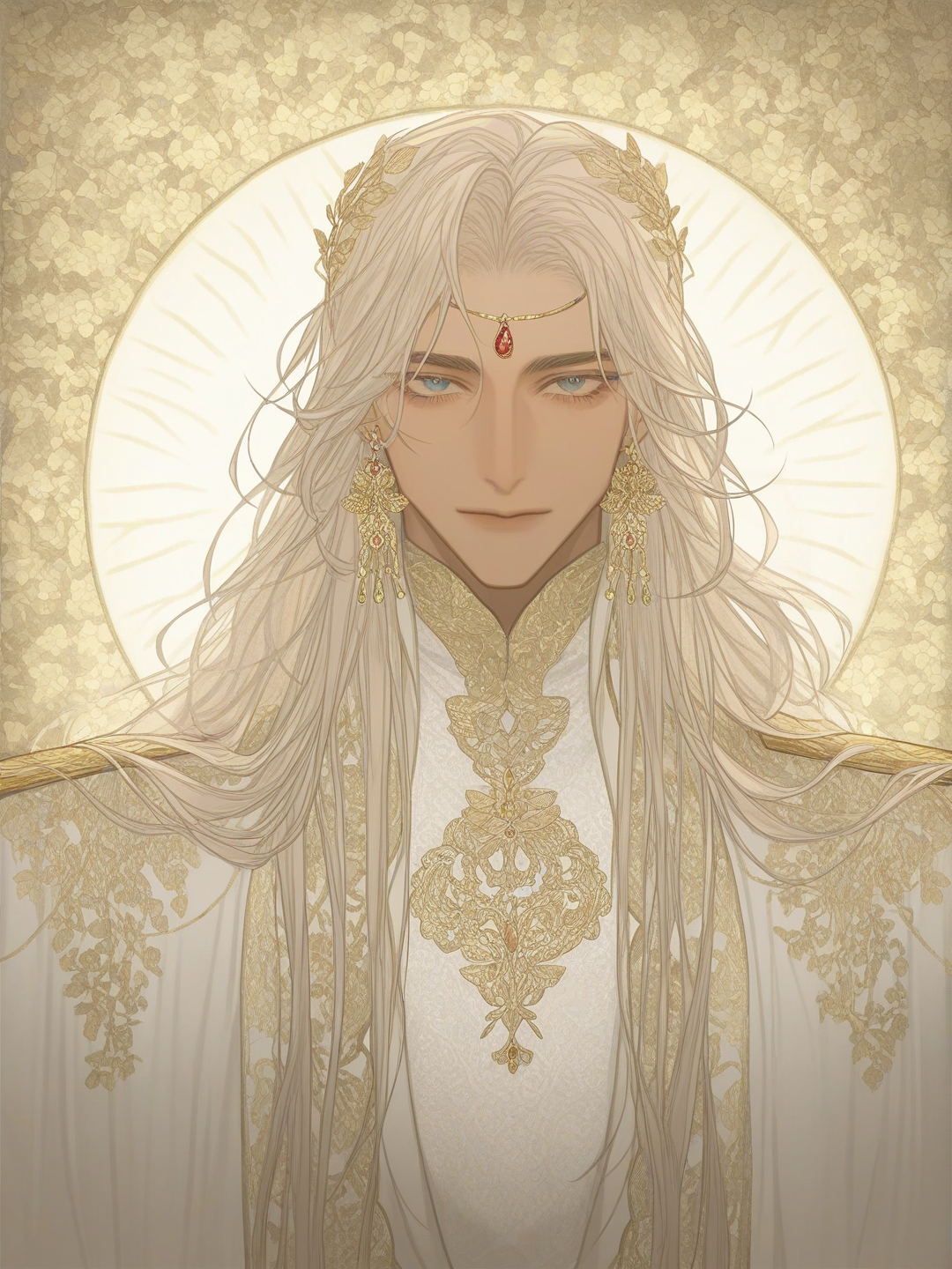 [ethereal-bishounen-style]1boy, Shuraka Loram, Blossoms of the White Night, Arnata, tall, broad shoulders, elegant posture, warm brown skin, pale ivory-blond hair, golden tint hair, long hair, layered hair, tousled hair, face-framing hair, swept bangs, icy silver-blue eyes, large eyes, long eyelashes, regal gaze, aristocratic face, defined jawline, high cheekbones, straight nose, full lips, calm expression, princely beauty, elaborate ivory white royal outfit, soft cream accents, extensive gold embroidery, wide sleeves, flowing fabric, layered clothing, botanical floral patterns, olive-green accents, muted teal accents, gold ornamental clasps, delicate chains, heavily decorated collar, heavily decorated shoulders, intricate gold leaf embroidery, long decorative cords, jeweled ornaments, large circular gold earrings, sunburst design earrings, hanging ornaments, refined gold chains, royal pendant, small gemstones, ornate bracelets, elegant rings, tiny golden forehead jewel, elegant golden royal hair ornament, white and gold floral hair accessories, ivory white color, pale gold color, warm gold color, muted olive green color, soft teal color, subtle jewel tones, Korean manhwa-inspired fantasy art, sophisticated royal aesthetic, intricate embroidery, realistic jewelry details, flowing silk fabric, cinematic soft lighting, extremely polished illustration, single character, full body, looking at viewer, anime style, simple background, white background