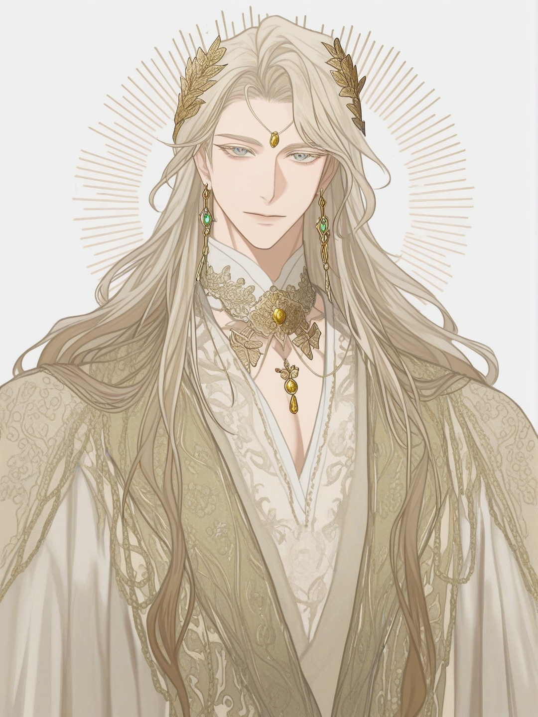 [ethereal-bishounen-style]1boy, Shuraka Loram, Blossoms of the White Night, Arnata, tall, broad shoulders, elegant posture, warm brown skin, pale ivory-blond hair, golden tint hair, long hair, layered hair, tousled hair, face-framing hair, swept bangs, icy silver-blue eyes, large eyes, long eyelashes, regal gaze, aristocratic face, defined jawline, high cheekbones, straight nose, full lips, calm expression, princely beauty, elaborate ivory white royal outfit, soft cream accents, extensive gold embroidery, wide sleeves, flowing fabric, layered clothing, botanical floral patterns, olive-green accents, muted teal accents, gold ornamental clasps, delicate chains, heavily decorated collar, heavily decorated shoulders, intricate gold leaf embroidery, long decorative cords, jeweled ornaments, large circular gold earrings, sunburst design earrings, hanging ornaments, refined gold chains, royal pendant, small gemstones, ornate bracelets, elegant rings, tiny golden forehead jewel, elegant golden royal hair ornament, white and gold floral hair accessories, ivory white color, pale gold color, warm gold color, muted olive green color, soft teal color, subtle jewel tones, Korean manhwa-inspired fantasy art, sophisticated royal aesthetic, intricate embroidery, realistic jewelry details, flowing silk fabric, cinematic soft lighting, extremely polished illustration, single character, full body, looking at viewer, anime style, simple background, white background