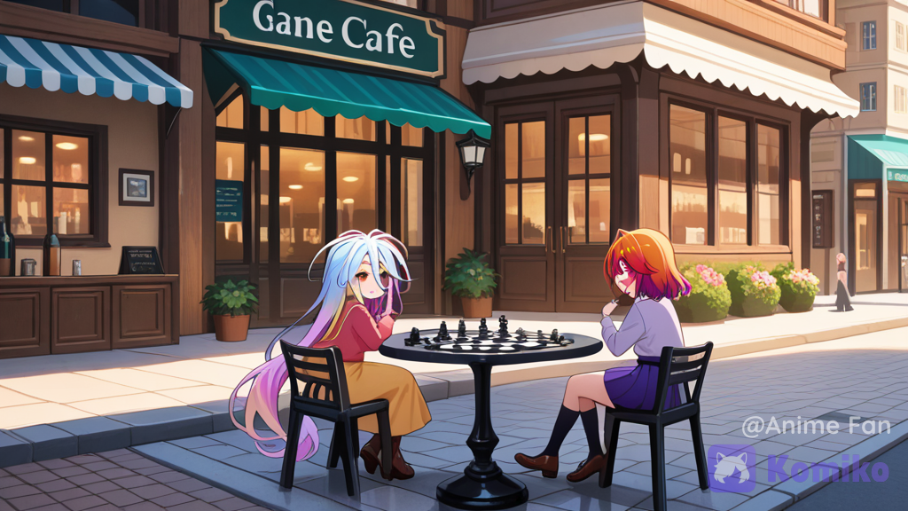 sora \(no game no life\), shiro \(no game no life\), playing chess, cafe, outdoors, table, happy, smile, shiro holding chess piece, chessboard, drinks, medium shot, background, Cinematic wide shot of a person sitting at an outdoor sidewalk cafe, charming city street in the background, warm golden hour light, shallow depth of field, highly