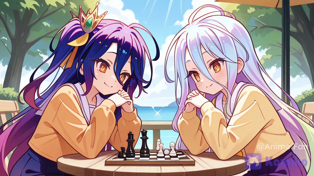 sora \(no game no life\), shiro \(no game no life\), playing chess, cafe, outdoors, table, happy, smile, sora holding chess piece, chessboard, drinks, medium shot, background