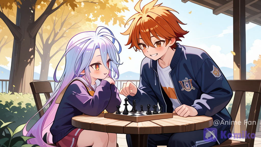 tall 18-year-old young man, short 11-year-old petite girl, sora and shiro from no game no life, sora is a tall older brother, shiro is a much smaller little sister, playing chess at a cafe table outdoors, happy, smile, sora holding chess piece, chessboard, drinks, medium shot, background