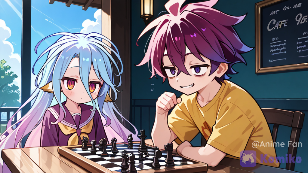tall 18-year-old young man and short 11-year-old petite girl, sora and shiro from no game no life, sora has spiky messy maroon hair and sharp tired eyes wearing a yellow t-shirt, shiro has long pale blue-purple hair wearing a purple sailor uniform, sibling duo, playing chess at a cafe table outdoors, happy, smile, sora holding chess piece, chessboard, drinks, medium shot, background