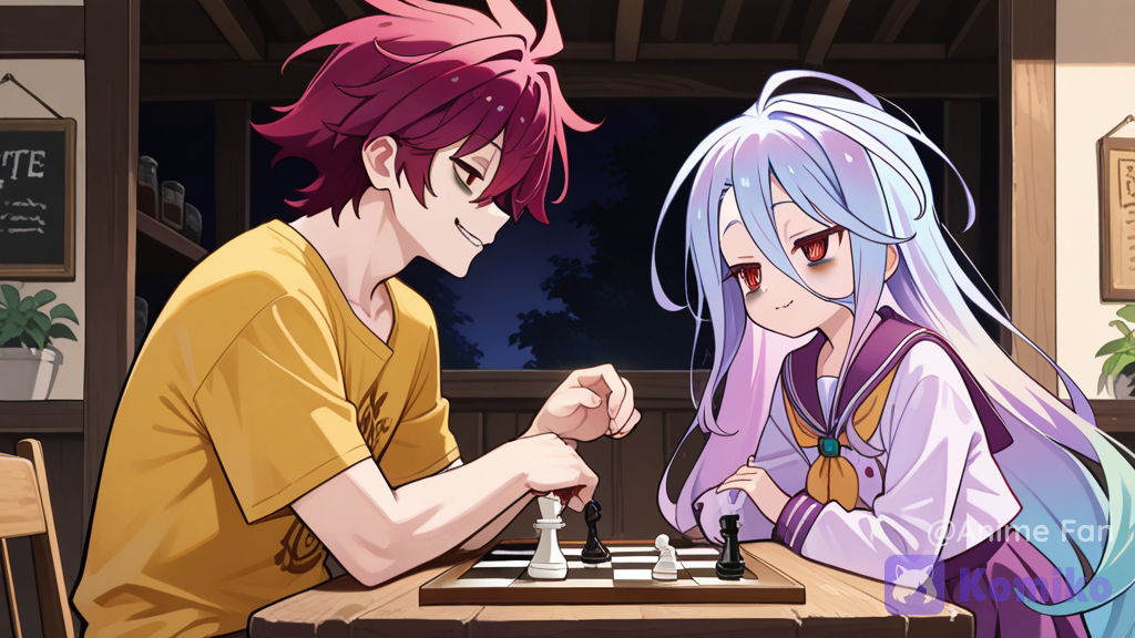 tall 18-year-old young man and short 11-year-old petite girl, sora and shiro from no game no life, sora has spiky messy maroon-red hair, sharp red eyes with dark bags under his eyes, a sly smug grin on his face, wearing a yellow t-shirt, shiro has a cute face, symmetrical large golden-red eyes, blank expression, kuudere, long beautiful pale blue-purple hair wearing a purple sailor uniform, sibling duo, playing chess at a cafe table outdoors, sora holding a chess piece, accurate chessboard, drinks, medium shot, tavern