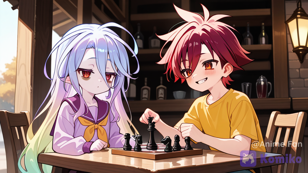 tall 18-year-old young man and short 11-year-old petite girl, sora and shiro from no game no life, sora has spiky messy maroon-red hair, sharp red eyes with dark bags under his eyes, a sly smug grin on his face, wearing a yellow t-shirt, shiro has a cute face, symmetrical large golden-red eyes, clear skin, wide-awake, blank expression, kuudere, long beautiful pale blue-purple hair wearing a purple sailor uniform, sibling duo, playing chess at a cafe table outdoors, sunny day, sora holding a chess piece, accurate chessboard, drinks, medium shot, tavern
