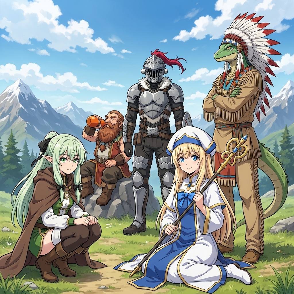 Goblin Slayer group illustration featuring five distinct characters in a scenic mountain landscape under a blue sky with white clouds.[Character 1]: Sits on the ground in the front right, a young blonde priestess wearing a white and blue clerical habit, holding a golden staff.[Character 2]: Crouches on the front left, a beautiful female high elf archer with long pointy ears extending outwards. She has very long, flowing light-green hair, with two side-sections tied into low side-ponytails using prominent black ribbon bows. She wears a brown hooded cloak with a pointed collar, a green and white corseted tunic with orange lacing on the front, brown shorts, black gloves with gold trim.[Character 3]: Stands tall in the center background, a male warrior in full grey plate armor and a closed, battle-worn knight helmet with a small red plume.[Character 4]: Sits in the background on the left, an old dwarf shaman with long wild white hair tied back into a high ponytail, a white beard, wearing a white and dark grey traditional martial arts vestment with red straps, drinking from a red-orange gourd flask.[Character 5]: Standing on the right background in side-profile, a tall anthropomorphic lizardman priest with light-blue and turquoise scales, folded arms. He wears beige Native-American-style fringed clothing with a red and yellow geometric triangle pattern on his belt, and a long headdress of thick white spikes with red tips flowing down his back like a mane. A large, thick reptilian tail is visible behind him.
Vibrant colors, characters, separate and distinct figures, anime key visual