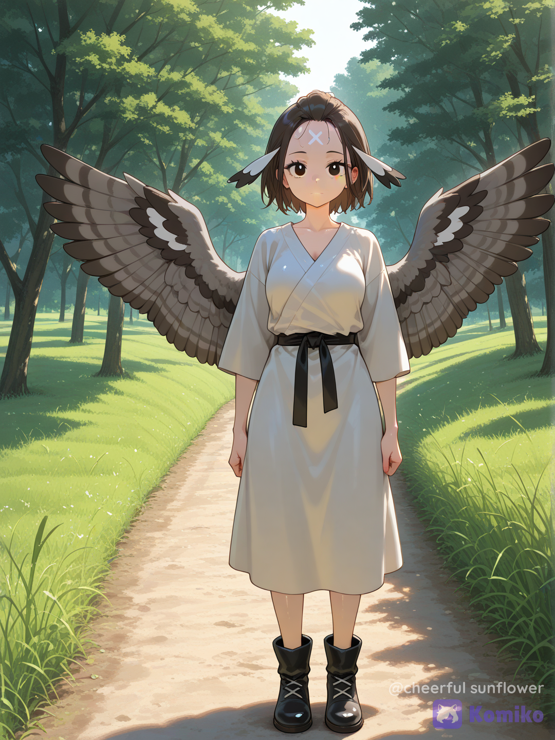 Full body shot, frontal view, a single 18-year-old avian female humanization of Starly pokemon. She has a beautiful human face, short brown hair with a distinct round white feather patch directly on her forehead, and sharp black eyes. Attached to her back are small brown and grey bird wings. She is wearing a simple grey and white modern tunic, holding a timid, slightly anxious, and alert expression. The background is a scenic sunlit country road with tall grass on Sinnoh Route 201. 100% recognizable Starly design, perfect anatomy, [vivid-oil-cel-style]