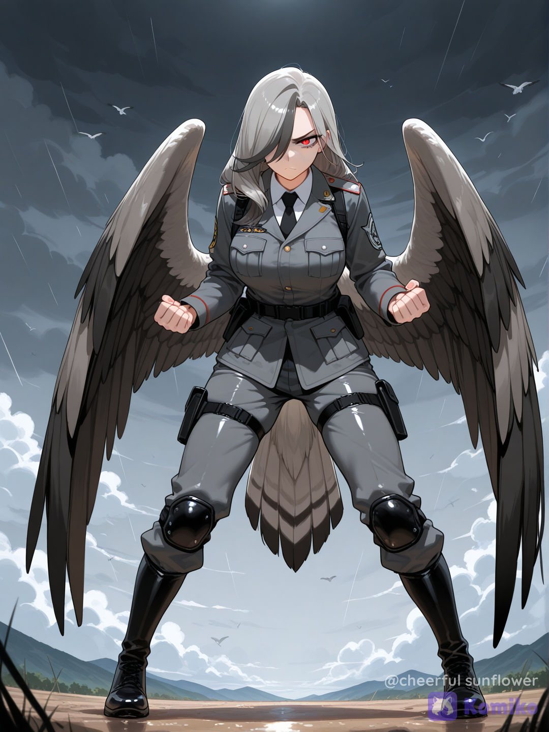 Full body shot, frontal view, a single 35-year-old mature, fierce avian queen female humanization of Staraptor pokemon. She has a beautiful human face with a sharp, intimidating glare, and long dark grey hair with a long, iconic black crest that has a bright red tip swooping down over her right eye. Attached to her back are massive, powerful black and grey eagle wings. She is wearing a sleek grey combat uniform with white patterns on the collar. She has a long grey bird tail. She holds a deadly serious, aggressive battle stance. The background is a dramatic storm-swept sky with dark clouds. 100% recognizable Staraptor design, perfect anatomy, [vivid-oil-cel-style]