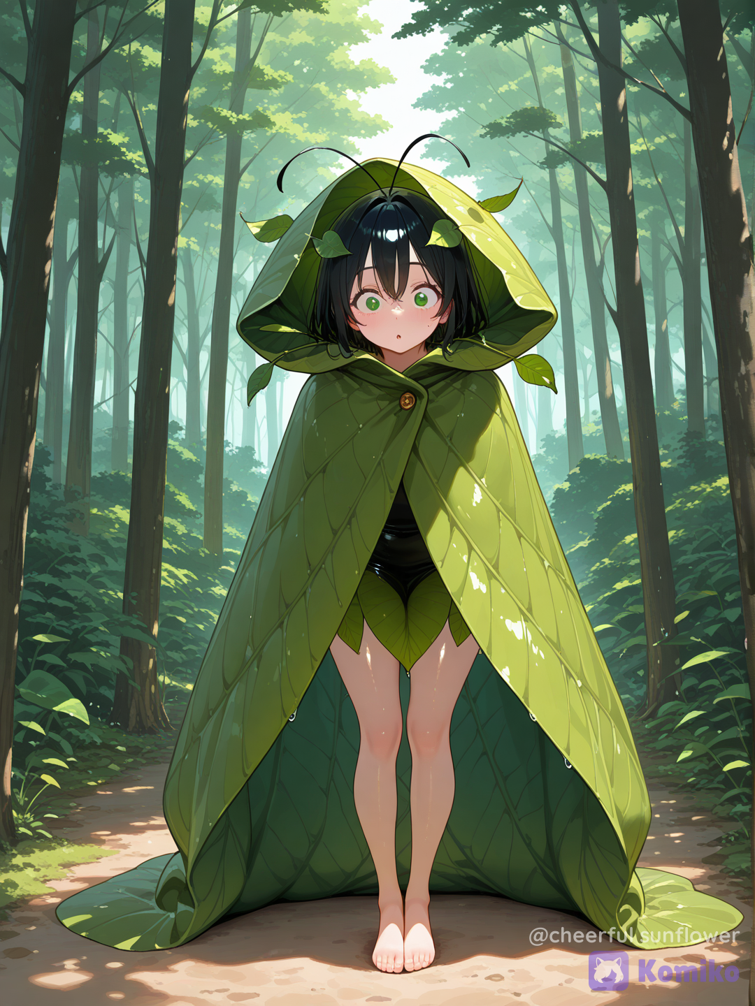 Full body shot, frontal view, a single 18-year-old plant-nymph female humanization of Burmy in its Plant Cloak form. She has a beautiful human face, short black hair, and a long slender green leaf-like antenna curling from the top of her head. Her entire body is snugly wrapped inside a stylized cocoon cloak made of fresh green leaves and foliage. She has a cute, timid, and curious wide-eyed expression. The background is a sun-dappled green forest path in Sinnoh. 100% recognizable Burmy design, perfect anatomy, [vivid-oil-cel-style]