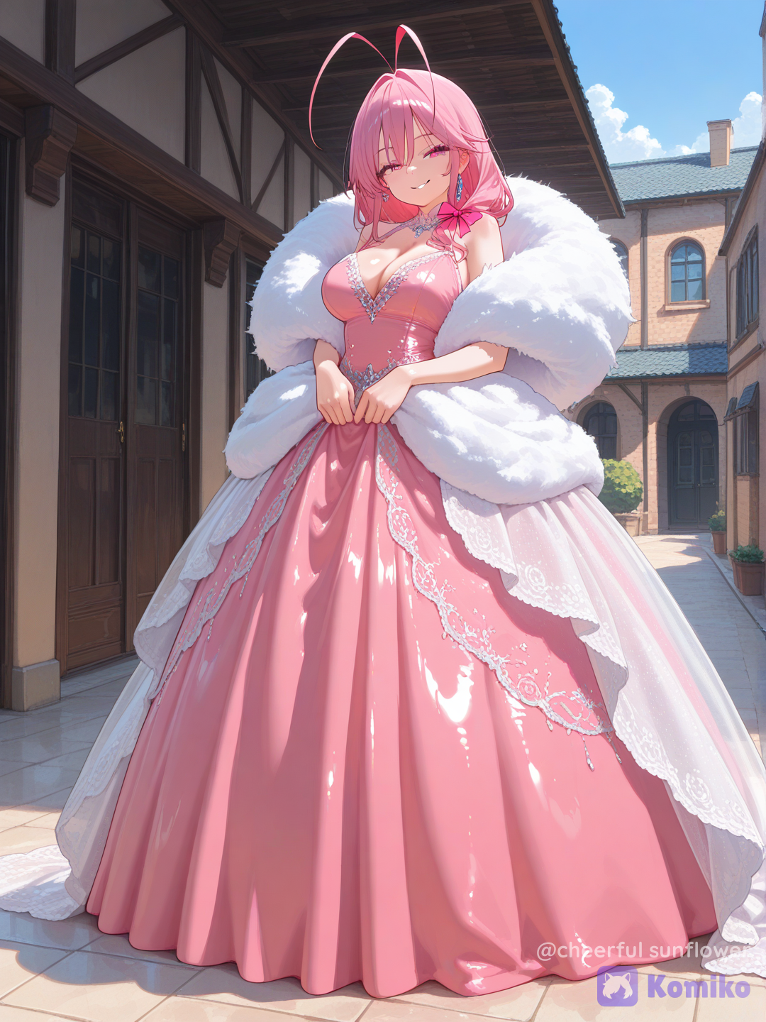Full body shot, frontal view, a single 35-year-old mature, glamorous avant-garde female humanization of Wormadam in its Trash Cloak form. She has a beautiful human face and a long, bright pink ribbon-like antenna on her head. She is wearing a spectacular, voluminous haute-couture gown made of fluffy vibrant pink insulation material and stylized white fabric pieces wrapped around her body. She has a flirtatious, highly confident, and haughty smirking expression. The background is the industrial modern courtyard of the Valley Windworks building in Sinnoh under a clear sky. 100% recognizable Trash Wormadam design, perfect anatomy, [vivid-oil-cel-style]