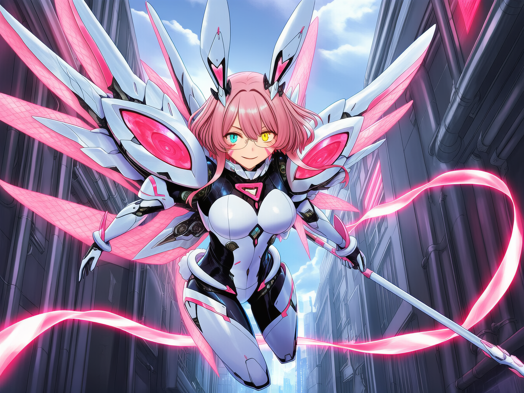 [digital-painterly-style], Use Reference 1 to keep @code-thumper-tiUu body suit, hair, and staff., running and jumping from rooftop of a futuristic cyber city. Holding her staff in her right hand pursuing after a enemy android, long ribbions of light are surrounding her coming from the tip of her staff. Smirking with a determined look., closeup, skyscraper, sparkle, city lights, neon lights, night, volumetric lighting, alley, cloudy sky, looking at viewer, panoramic lens