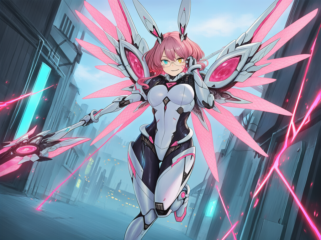 [digital-painterly-style], Use Reference 1 to keep @code-thumper-tiUu body suit, hair, and staff., running and jumping from rooftop of a futuristic cyber city. Holding her staff in her right hand pursuing after a enemy android, long ribbions of light are surrounding her coming from the tip of her staff. Smirking with a determined look., closeup, skyscraper, sparkle, city lights, neon lights, night, volumetric lighting, alley, cloudy sky, looking at viewer, panoramic lens