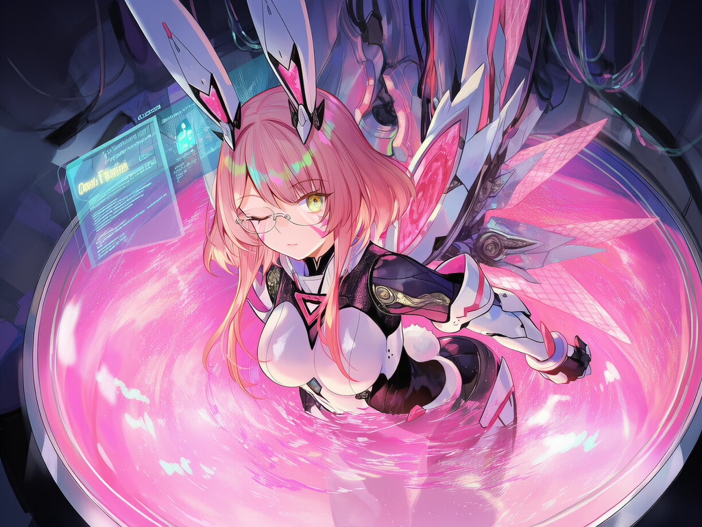 [iridescent-style], vibrant color, Use Reference 1 for hair, eyes. Pink glowing water fills a large tank where @code-thumper-tiUu, is floating, expressionless, sleeping expression. She is wearjng a form fitted plain black body suit, her hair is subtly flowing in the water, many small iridescent bubbles suround her. closeup, depth of field, sparkle, neon lights, cinematic lighting, volumetric lighting, ethereal lighting, portrait, upper body, front profile photo, futuristic lab, recovery, military, android, Unreal Engine quality, Octane Render, realistic, sensual-glossy-style, cyberpunk, top of tank to the left has medical screen with the words Code Thumper are seen, with her stats k/d/a High stats in Assists, Charisma, and Emotional Intelligence. High speed, high maneuverability