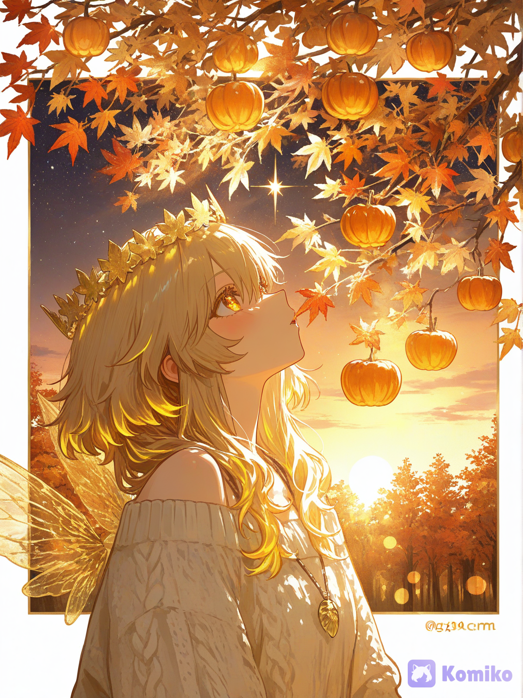 [sensual-glossy-style], ultra-high-resolution, digital anime illustration, soft color palette, warm autumn tones, rustic textures, cozy aesthetic, sharp focus, cinematic lighting, warm golden-hour sun rays, glowing highlights, volumetric lighting, dreamy comforting shading, 1girl, solo, side view looking up, upper body portrait, gentle forest spirit girl, soft sun-kissed skin, highly wide anime eyes, sparkling amber and hazel irises, gentle curious expression, soft peach lips, delicate features, short wavy caramel blonde hair, soft golden highlights, voluminous messy layers, wispy bangs framing the face, tiny woven twigs and miniature pumpkins as a rustic crown, translucent delicate maple-leaf wings, organic leaf texture, shimmering soft orange and yellow hues catching the light, delicate wooden acorn necklace, simple oversized knitted cream sweater dress, off-the-shoulder design, soft thick fabric folds, dreamy twilight sky, gradient of light orange and soft lilac, large glowing harvest moon in the upper right corner, swirling golden maple leaves blowing in the gentle breeze, blooming wheat stalks and orange pumpkins framing the bottom and left sides, starry evening sky blending into sunset, magical soft sparkling bokeh effects.