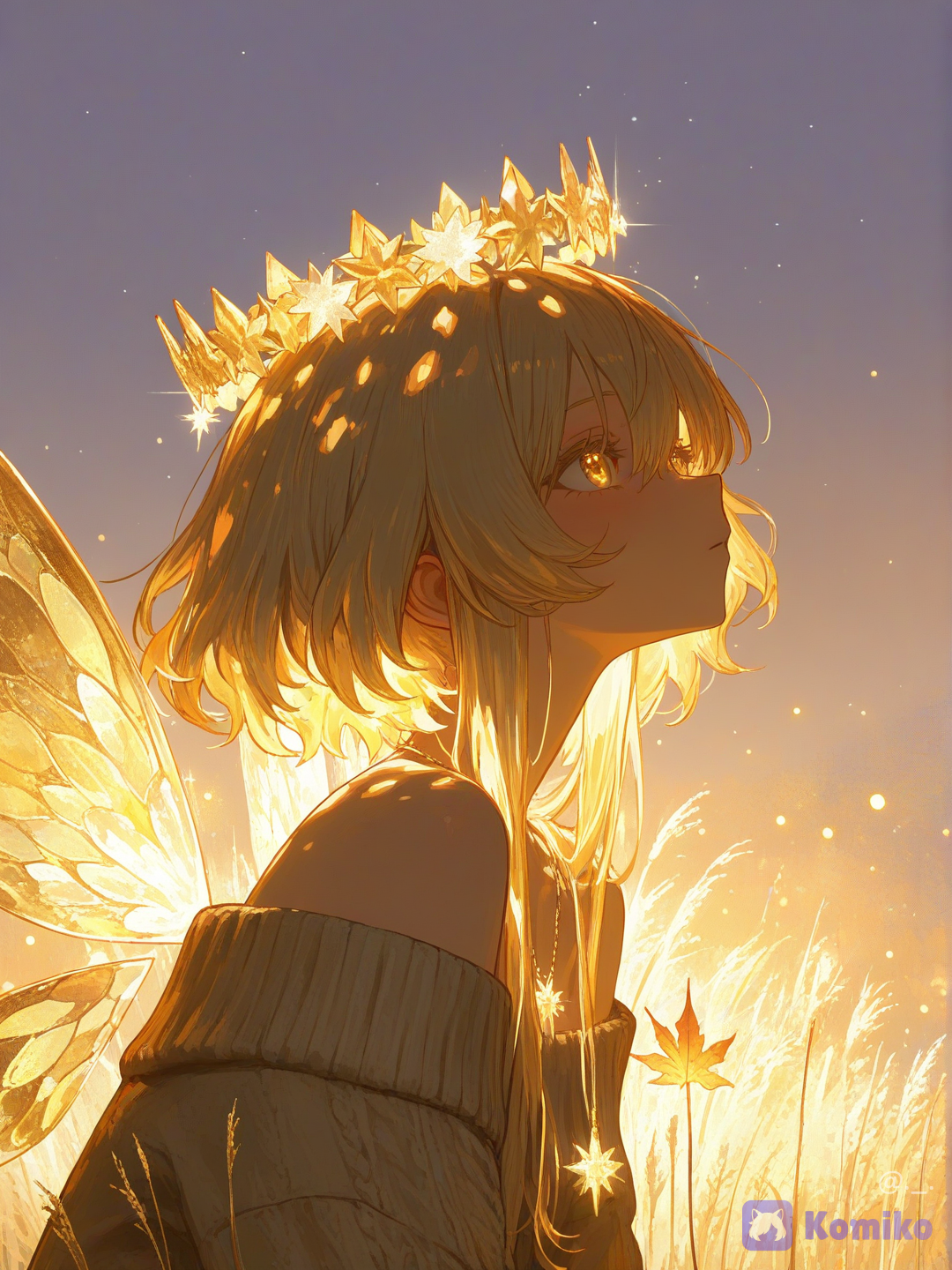 [sensual-glossy-style], ultra-high-resolution, digital anime illustration, soft color palette, warm autumn tones, rustic textures, cozy aesthetic, sharp focus, cinematic lighting, warm golden-hour sun rays, glowing highlights, volumetric lighting, dreamy comforting shading, 1girl, solo, side view looking up, upper body portrait, gentle forest spirit girl, soft sun-kissed skin, highly wide anime eyes, sparkling amber and hazel irises, gentle curious expression, soft peach lips, delicate features, short wavy caramel blonde hair, soft golden highlights, voluminous messy layers, wispy bangs framing the face, tiny woven twigs and miniature pumpkins as a rustic crown, translucent delicate maple-leaf wings, organic leaf texture, shimmering soft orange and yellow hues catching the light, delicate wooden acorn necklace, simple oversized knitted cream sweater dress, off-the-shoulder design, soft thick fabric folds, dreamy twilight sky, gradient of light orange and soft lilac, large glowing harvest moon in the upper right corner, swirling golden maple leaves blowing in the gentle breeze, blooming wheat stalks and orange pumpkins framing the bottom and left sides, starry evening sky blending into sunset, magical soft sparkling bokeh effects.