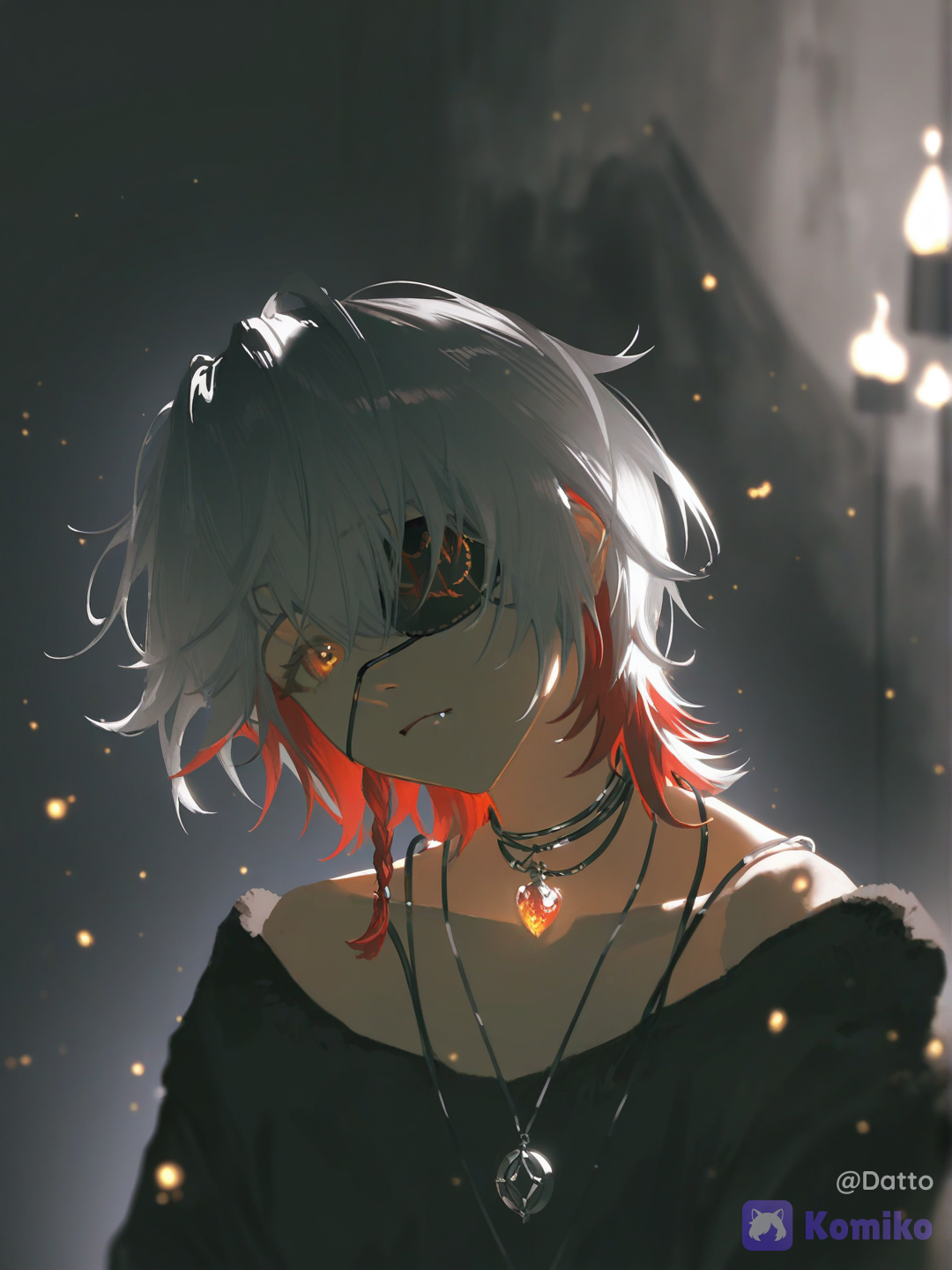 @mirei-YBrw,OC, 1girl, 18+, young adult, cute and subtly cool appearance, soft pale skin, short silver-white hair dominant 70 percent, deep wine red hair underneath 30 percent, the wine red strands faintly glowing like dying embers rather than a flat dye color, visible eye is muted reddish amber with a faint ember-like flicker deep within the iris, faint emotionally-flat expression, relaxed neutral mouth, quiet composed seriousness, black matte eyepatch fully covering left eye, sleek medical-inspired design, the edge of the eyepatch lifted slightly at one corner revealing a small glowing fox-shaped ember mark etched into the skin beneath, thin dark cord necklace hidden mostly beneath her collar, a small fang-shaped ember stone charm resting against her collarbone, the pact charm pulsing faintly in time with the ember mark, oversized faded charcoal sweatshirt slipping slightly at the collar, a spectral fox spirit coiled loosely around her shoulders and neck like a living scarf, its form made of translucent flame-red wisps and soft smoke rather than solid fur, ears and a long flowing tail trailing off into drifting embers at the tips, the spirit's eyes a matching muted amber glow, faint warm heat-shimmer distortion in the air immediately around her shoulders where the spirit rests, a few loose embers drifting upward and fading like fireflies near her hair, no open flame, only quiet contained warmth, close portrait framing focused on her face, the fox spirit, and the glowing mark beneath her lifted eyepatch, dim quiet room lit mostly by the soft ember glow of the spirit itself, faint candlelight nearby, deep shadow surrounding the edges of the frame, sense of a solemn quiet bond rather than a dramatic power display, semi-realistic anime style, highly clean rendering, cinematic lighting, highly[aqua-dreamlight-style]
