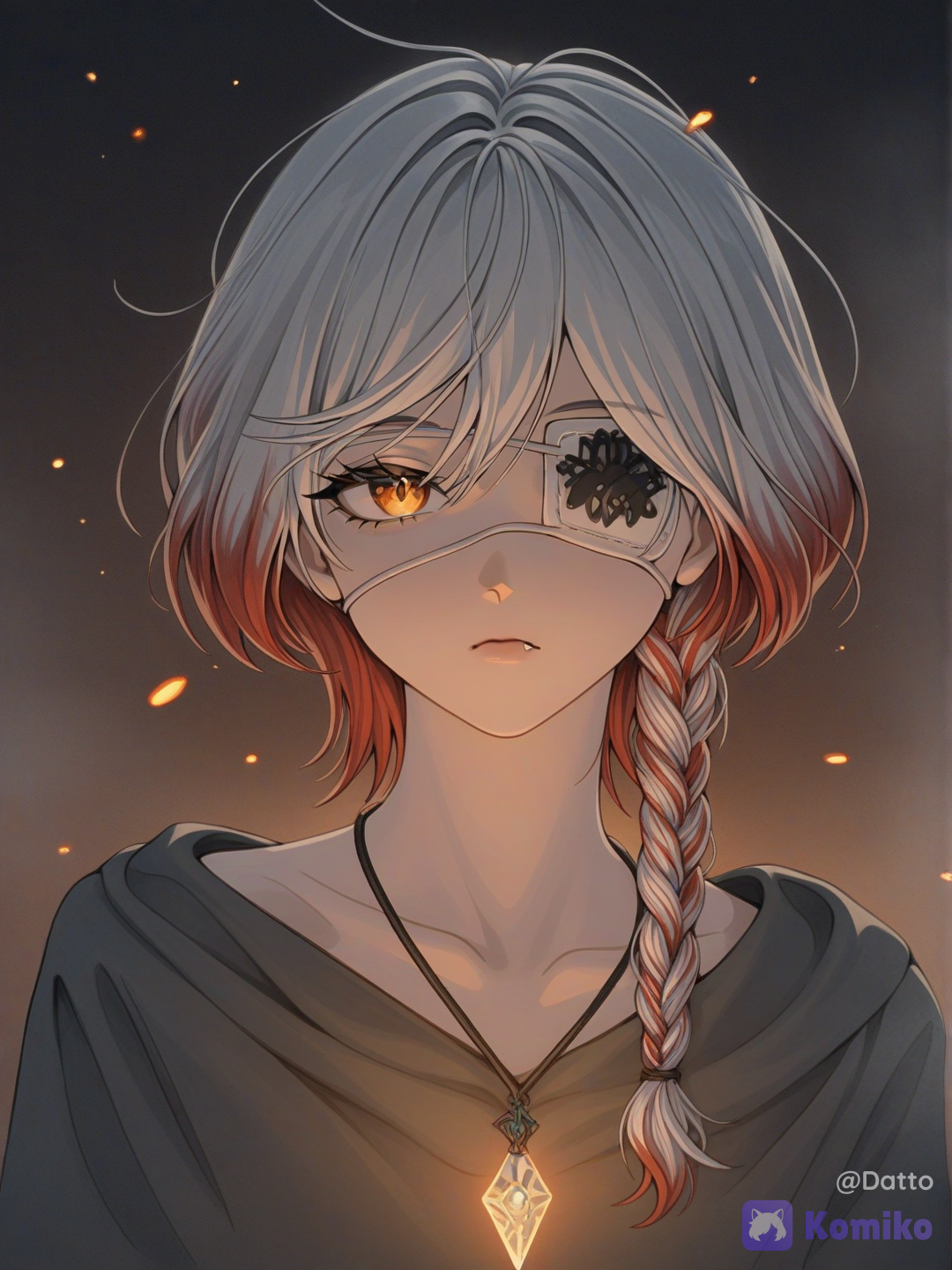 @mirei-YBrw,OC, 1girl, 18+, young adult, cute and subtly cool appearance, soft pale skin, short silver-white hair dominant 70 percent, deep wine red hair underneath 30 percent, the wine red strands faintly glowing like dying embers rather than a flat dye color, visible eye is muted reddish amber with a faint ember-like flicker deep within the iris, faint emotionally-flat expression, relaxed neutral mouth, quiet composed seriousness, black matte eyepatch fully covering left eye, sleek medical-inspired design, the edge of the eyepatch lifted slightly at one corner revealing a small glowing fox-shaped ember mark etched into the skin beneath, thin dark cord necklace hidden mostly beneath her collar, a small fang-shaped ember stone charm resting against her collarbone, the pact charm pulsing faintly in time with the ember mark, oversized faded charcoal sweatshirt slipping slightly at the collar, a spectral fox spirit coiled loosely around her shoulders and neck like a living scarf, its form made of translucent flame-red wisps and soft smoke rather than solid fur, ears and a long flowing tail trailing off into drifting embers at the tips, the spirit's eyes a matching muted amber glow, faint warm heat-shimmer distortion in the air immediately around her shoulders where the spirit rests, a few loose embers drifting upward and fading like fireflies near her hair, no open flame, only quiet contained warmth, close portrait framing focused on her face, the fox spirit, and the glowing mark beneath her lifted eyepatch, dim quiet room lit mostly by the soft ember glow of the spirit itself, faint candlelight nearby, deep shadow surrounding the edges of the frame, sense of a solemn quiet bond rather than a dramatic power display, semi-realistic anime style, highly clean rendering, cinematic lighting, highly[soft-glossy-style]