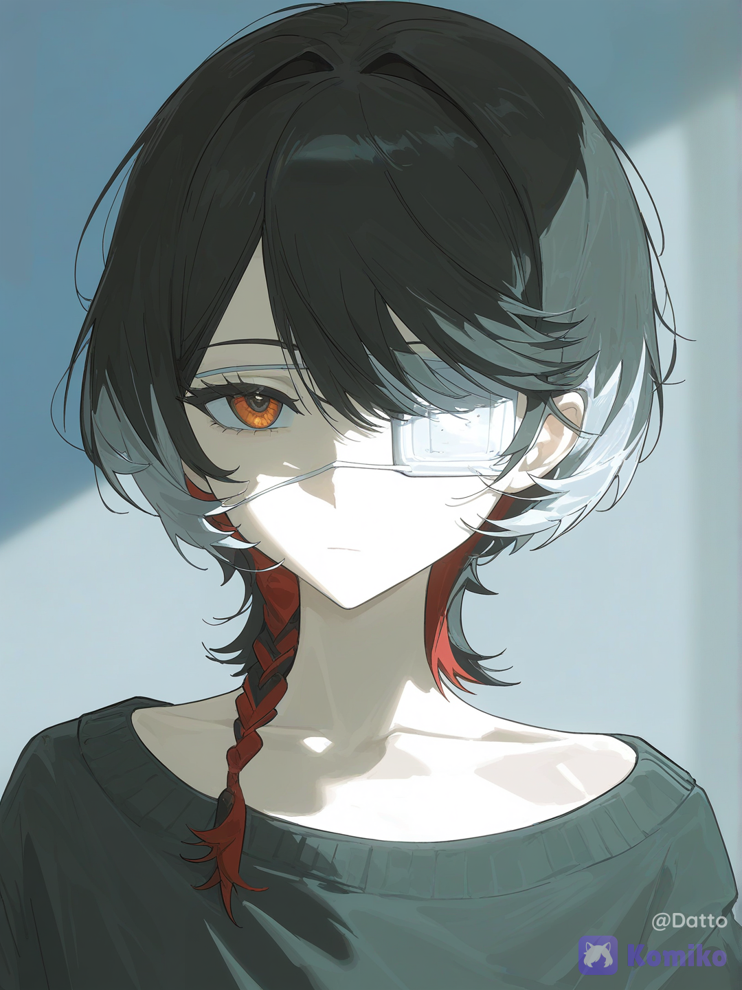 @mirei-YBrw,OC, 1girl, 18+, young adult, cute and subtly cool appearance, soft pale skin, short silver-white hair dominant 70 percent, deep wine red hair underneath 30 percent, the wine red strands faintly glowing like dying embers rather than a flat dye color, visible eye is muted reddish amber with a faint ember-like flicker deep within the iris, faint emotionally-flat expression, relaxed neutral mouth, quiet composed seriousness, black matte eyepatch fully covering left eye, sleek medical-inspired design, the edge of the eyepatch lifted slightly at one corner revealing a small glowing fox-shaped ember mark etched into the skin beneath, thin dark cord necklace hidden mostly beneath her collar, a small fang-shaped ember stone charm resting against her collarbone, the pact charm pulsing faintly in time with the ember mark, oversized faded charcoal sweatshirt slipping slightly at the collar, a spectral fox spirit coiled loosely around her shoulders and neck like a living scarf, its form made of translucent flame-red wisps and soft smoke rather than solid fur, ears and a long flowing tail trailing off into drifting embers at the tips, the spirit's eyes a matching muted amber glow, faint warm heat-shimmer distortion in the air immediately around her shoulders where the spirit rests, a few loose embers drifting upward and fading like fireflies near her hair, no open flame, only quiet contained warmth, close portrait framing focused on her face, the fox spirit, and the glowing mark beneath her lifted eyepatch, dim quiet room lit mostly by the soft ember glow of the spirit itself, faint candlelight nearby, deep shadow surrounding the edges of the frame, sense of a solemn quiet bond rather than a dramatic power display, semi-realistic anime style, highly clean rendering, cinematic lighting, highly[faded-canvas-style]