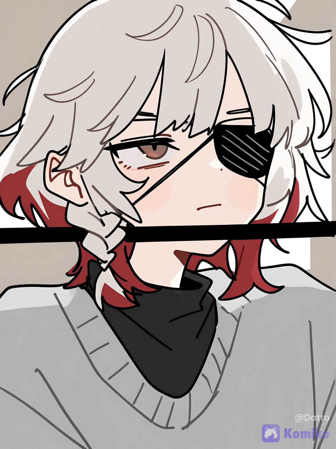 @mirei-YBrw,OC, 1girl, 18+, young adult, cute and subtly cool appearance, soft pale skin, short silver-white hair dominant 70 percent, deep wine red hair underneath 30 percent, the wine red strands faintly glowing like dying embers rather than a flat dye color, visible eye is muted reddish amber with a faint ember-like flicker deep within the iris, faint emotionally-flat expression, relaxed neutral mouth, quiet composed seriousness, black matte eyepatch fully covering left eye, sleek medical-inspired design, the edge of the eyepatch lifted slightly at one corner revealing a small glowing fox-shaped ember mark etched into the skin beneath, thin dark cord necklace hidden mostly beneath her collar, a small fang-shaped ember stone charm resting against her collarbone, the pact charm pulsing faintly in time with the ember mark, oversized faded charcoal sweatshirt slipping slightly at the collar, a spectral fox spirit coiled loosely around her shoulders and neck like a living scarf, its form made of translucent flame-red wisps and soft smoke rather than solid fur, ears and a long flowing tail trailing off into drifting embers at the tips, the spirit's eyes a matching muted amber glow, faint warm heat-shimmer distortion in the air immediately around her shoulders where the spirit rests, a few loose embers drifting upward and fading like fireflies near her hair, no open flame, only quiet contained warmth, close portrait framing focused on her face, the fox spirit, and the glowing mark beneath her lifted eyepatch, dim quiet room lit mostly by the soft ember glow of the spirit itself, faint candlelight nearby, deep shadow surrounding the edges of the frame, sense of a solemn quiet bond rather than a dramatic power display, semi-realistic anime style, highly clean rendering, cinematic lighting, highly[doodle-sketch-style]
