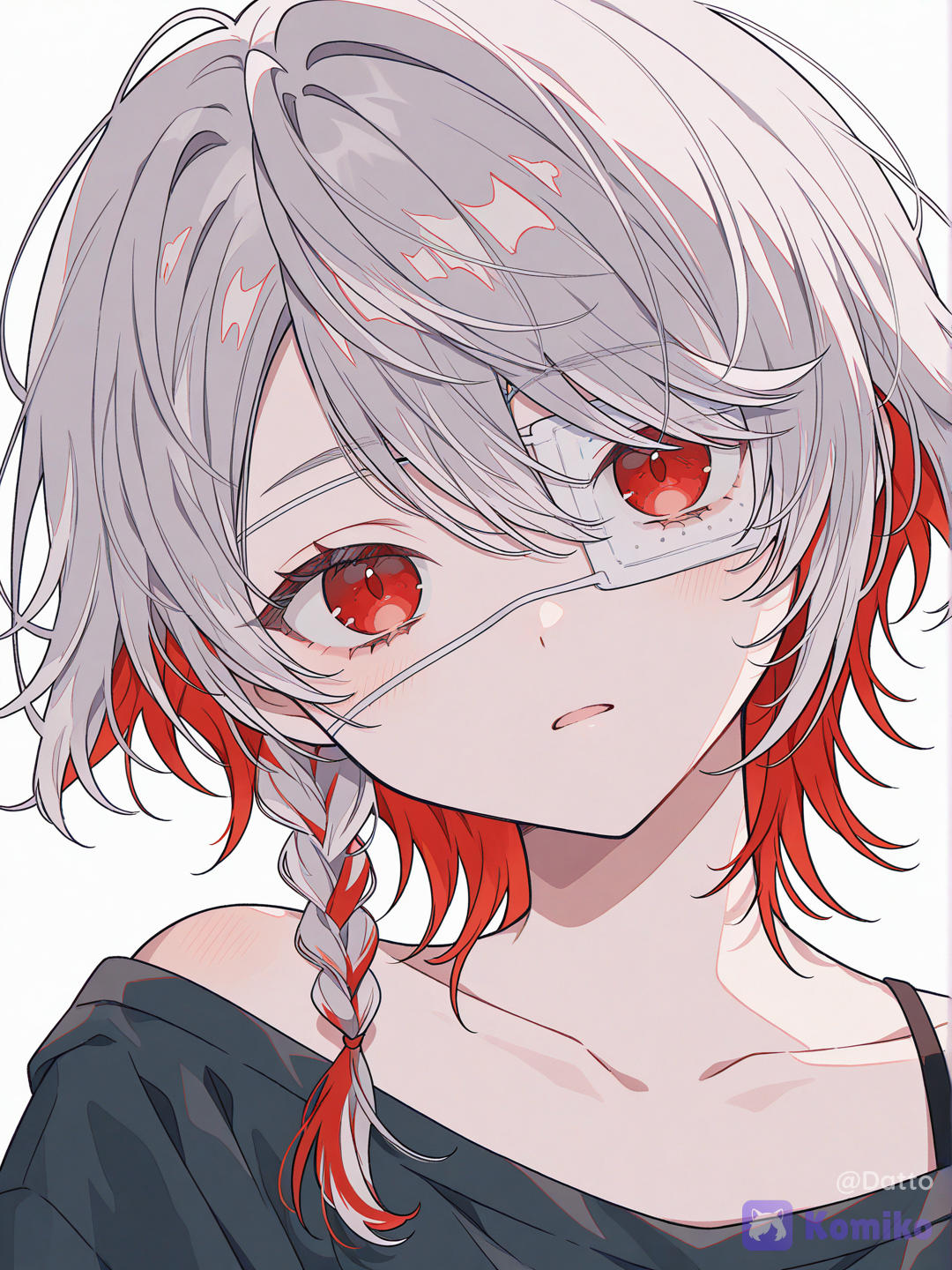 @mirei-YBrw,OC, 1girl, 18+, young adult, cute and subtly cool appearance, soft pale skin, short silver-white hair dominant 70 percent, deep wine red hair underneath 30 percent, the wine red strands faintly glowing like dying embers rather than a flat dye color, visible eye is muted reddish amber with a faint ember-like flicker deep within the iris, faint emotionally-flat expression, relaxed neutral mouth, quiet composed seriousness, black matte eyepatch fully covering left eye, sleek medical-inspired design, the edge of the eyepatch lifted slightly at one corner revealing a small glowing fox-shaped ember mark etched into the skin beneath, thin dark cord necklace hidden mostly beneath her collar, a small fang-shaped ember stone charm resting against her collarbone, the pact charm pulsing faintly in time with the ember mark, oversized faded charcoal sweatshirt slipping slightly at the collar, a spectral fox spirit coiled loosely around her shoulders and neck like a living scarf, its form made of translucent flame-red wisps and soft smoke rather than solid fur, ears and a long flowing tail trailing off into drifting embers at the tips, the spirit's eyes a matching muted amber glow, faint warm heat-shimmer distortion in the air immediately around her shoulders where the spirit rests, a few loose embers drifting upward and fading like fireflies near her hair, no open flame, only quiet contained warmth, close portrait framing focused on her face, the fox spirit, and the glowing mark beneath her lifted eyepatch, dim quiet room lit mostly by the soft ember glow of the spirit itself, faint candlelight nearby, deep shadow surrounding the edges of the frame, sense of a solemn quiet bond rather than a dramatic power display, semi-realistic anime style, highly clean rendering, cinematic lighting, highly[cyber-candy-style]