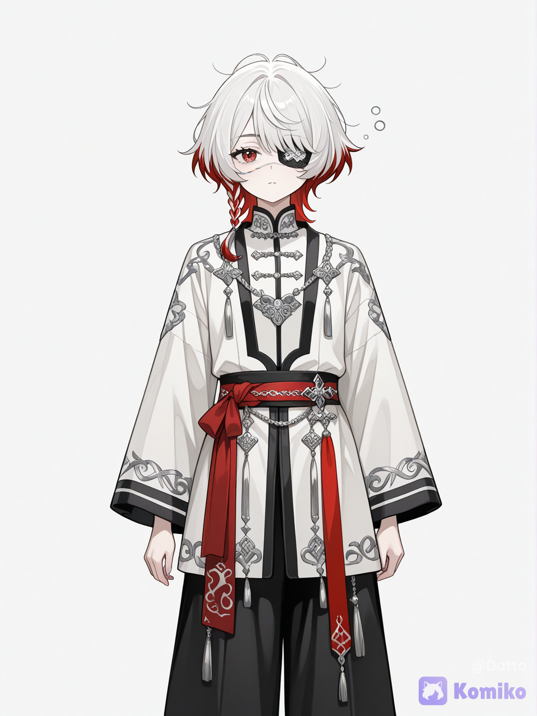 @mirei-YBrw, OC, 1girl, 18+, young adult, cute and subtly cool appearance, soft pale skin, short silver-white hair dominant 70 percent, deep wine red hair underneath 30 percent, wine red visible only at inner underlayers and lower strand tips, white silver on top and outer layers, asymmetrical short wolf-cut bob, fluffy volume at crown, feathered messy ends, long side bangs sweeping across face covering forehead, small thin braid on one side partially hidden under outer white hair layer, visible eye is muted reddish amber with soft sleepy shine, faint emotionally-flat expression, black matte eyepatch fully covering left eye, sleek medical-inspired design, traditional Vietnamese women's ceremonial attire, short five-panel robe, wide layered structured overlapping front panels in deep charcoal-black fabric, embroidered trim running along the collar and front panel edges in metallic silver thread forming subtle Vietnamese folk motifs, wide dramatic flowing sleeves with a deep wine-red inner lining clearly visible as the sleeves drape and flow, pale ivory inner collar layer visible peeking above the outer robe at the neck, broad deep wine-red waist sash tied at the front with two long trailing tails hanging down nearly to the hem, layered outer ceremonial jacket over the robe, loose black wide-leg trousers, richly layered garment structure matching the original silhouette closely, modest and dignified silhouette, distinctly non-ao-dai silhouette, relaxed forward-facing posture, one hand resting loosely at her side, direct eye contact, plain white background, simple standing pose, fashion showcase presentation, semi-realistic anime style, highly clean rendering
