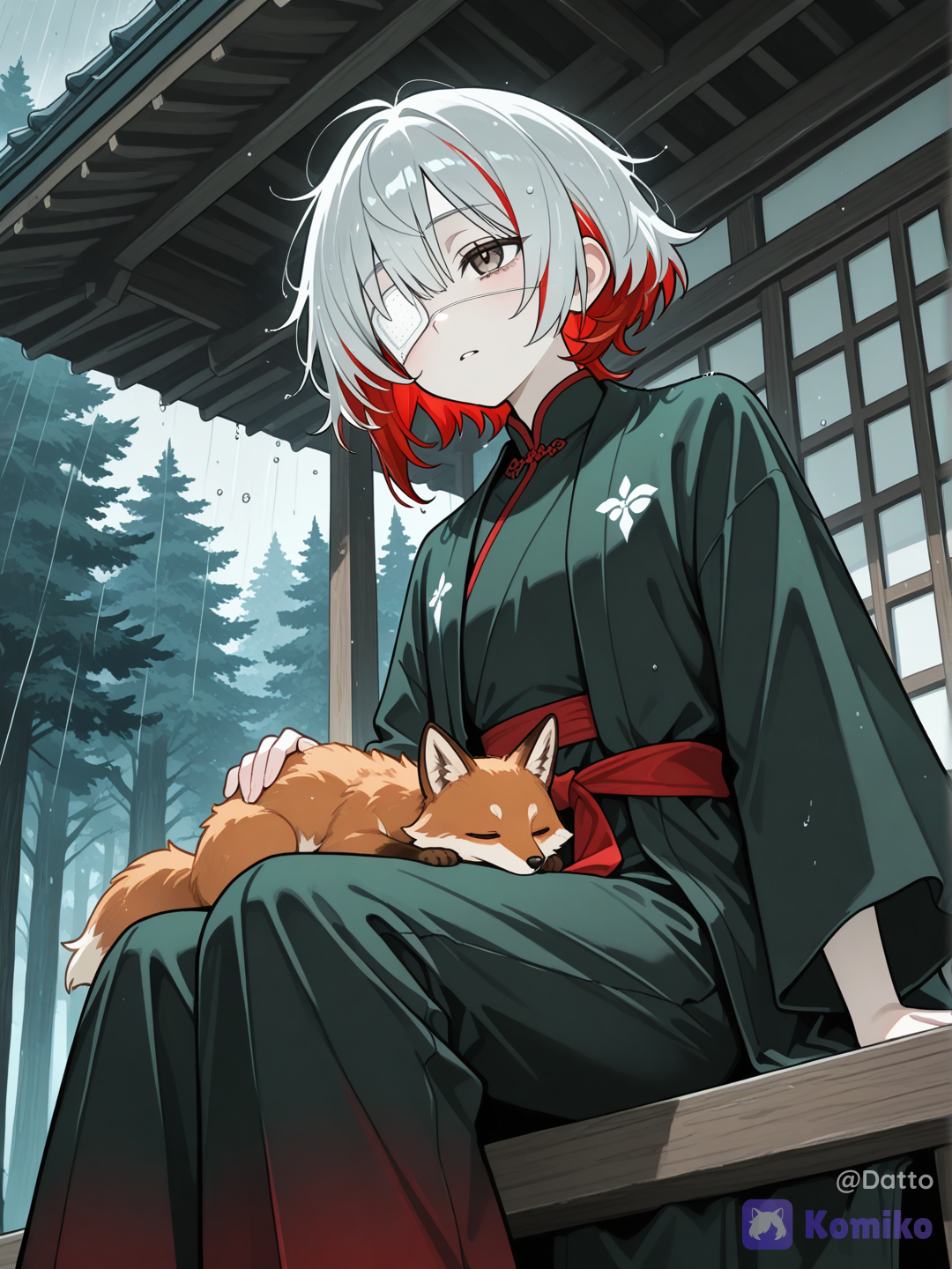 @mirei-YBrw, OC, 1girl, 18+, young adult, cute and subtly cool appearance, soft pale skin, short silver-white hair dominant 70 percent, deep wine red hair underneath 30 percent, asymmetrical short wolf-cut bob, long side bangs sweeping across face, visible eye is muted reddish amber with a soft sleepy shine, black matte eyepatch fully covering left eye, traditional Vietnamese ceremonial robe in deep charcoal-black with silver-thread trim, wide flowing sleeves lined in wine red, broad wine-red waist sash with two long trailing tails, layered outer jacket, black wide-leg trousers, sitting quietly on the wooden veranda at the front of an old forest shrine, legs tucked gently to one side, gaze drifting distantly toward the falling rain, calm unguarded expression, faint natural stillness rather than a posed look, a small red fox curled up fast asleep on her lap, one hand resting on its fur mid-stroke, the fox's ear twitching slightly in its sleep, weathered wooden shrine with a curved tiled roof and faded vermillion pillars, clean despite its age, dense quiet forest surrounding the shrine, soft gentle rain falling steadily, thin mist drifting low between distant trees, raindrops dripping slowly from the roof eaves, muted grey-green color palette, medium-close view angled slightly from her side and just below eye level as though someone quietly happened upon her, sense of peaceful solitude and quiet tenderness, semi-realistic anime style, cinematic lighting, highly