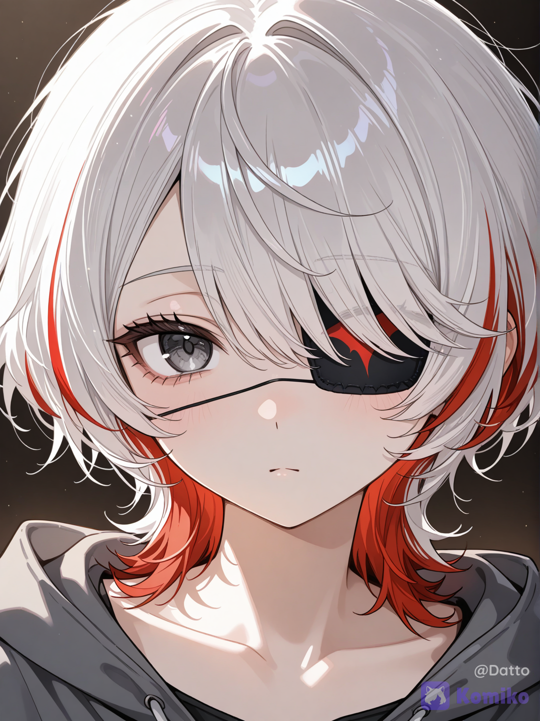 @mirei-YBrw, OC, 1girl, 18+, young adult, short silver-white hair with wine-red streaks, asymmetrical wolf-cut bob, long side bangs, visible eye muted reddish amber, black matte eyepatch fully covering left eye, white and black traditional East Asian ceremonial robe, cropped white outer top with wide bell sleeves lined in deep red, silver cloud and phoenix embroidery across the chest and sleeves, diagonal red sash with small silver charms, wide red waist wrap with hanging silver chain tassels, black underskirt, long red streamers trailing from the sleeve cuffs, mid-motion sweeping the shrine courtyard with a simple wooden broom, paused mid-sweep, upper body still angled toward her work, head turned just enough to glance sideways at the viewer from the corner of her eye, calm composed expression, the faintest ghost of quiet acknowledgment rather than a smile, an unspoken sense of "you may enter, if you dare" carried in her stillness rather than her words, a large translucent fox spirit looming upright behind her like a living shadow, its ember-red form towering taller than she is, faint glowing eyes matching hers, more felt as presence than clearly seen, ancient wooden shrine courtyard with a curved tiled roof and weathered vermillion pillars, clean stone pathway swept smooth beneath her, tall trees surrounding the courtyard with soft dappled sunlight filtering through, a few loose red leaves drifting gently in the breeze, faint warm golden afternoon light rather than gloom, soft magical haze low near the ground, medium view angled slightly from her side as though someone just stepped through the shrine gate, sense of quiet dignified authority softened by an underlying gentleness, semi-realistic anime style, cinematic lighting, highly