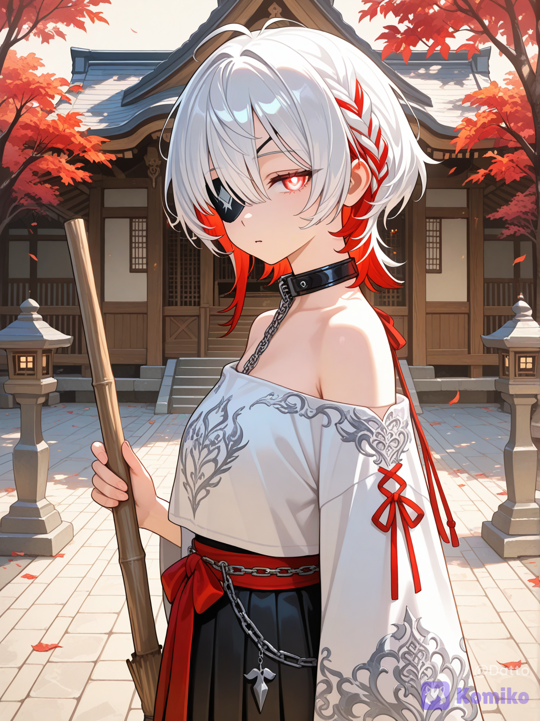 @mirei-YBrw,OC, 1girl, 18+, young adult, short silver-white hair with wine-red streaks, asymmetrical wolf-cut bob, long side bangs, visible eye muted reddish amber, black matte eyepatch fully covering left eye, white and black traditional East Asian ceremonial robe, cropped white outer top with wide bell sleeves lined in deep red, silver cloud and phoenix embroidery across the chest and sleeves, diagonal red sash with small silver charms, wide red waist wrap with hanging silver chain tassels, black underskirt, long red streamers trailing from the sleeve cuffs, mid-motion sweeping the shrine courtyard with a simple wooden broom, paused mid-sweep, upper body still angled toward her work, head turned just enough to glance sideways at the viewer from the corner of her eye, calm composed expression, the faintest ghost of quiet acknowledgment rather than a smile, an unspoken sense of "you may enter, if you dare" carried in her stillness rather than her words, a large translucent fox spirit looming upright behind her like a living shadow, its ember-red form towering taller than she is, faint glowing eyes matching hers, more felt as presence than clearly seen, ancient wooden shrine courtyard with a curved tiled roof and weathered vermillion pillars, clean stone pathway swept smooth beneath her, tall trees surrounding the courtyard with soft dappled sunlight filtering through, a few loose red leaves drifting gently in the breeze, faint warm golden afternoon light rather than gloom, soft magical haze low near the ground, medium view angled slightly from her side as though someone just stepped through the shrine gate, sense of quiet dignified authority softened by an underlying gentleness, semi-realistic anime style, cinematic lighting, highly
