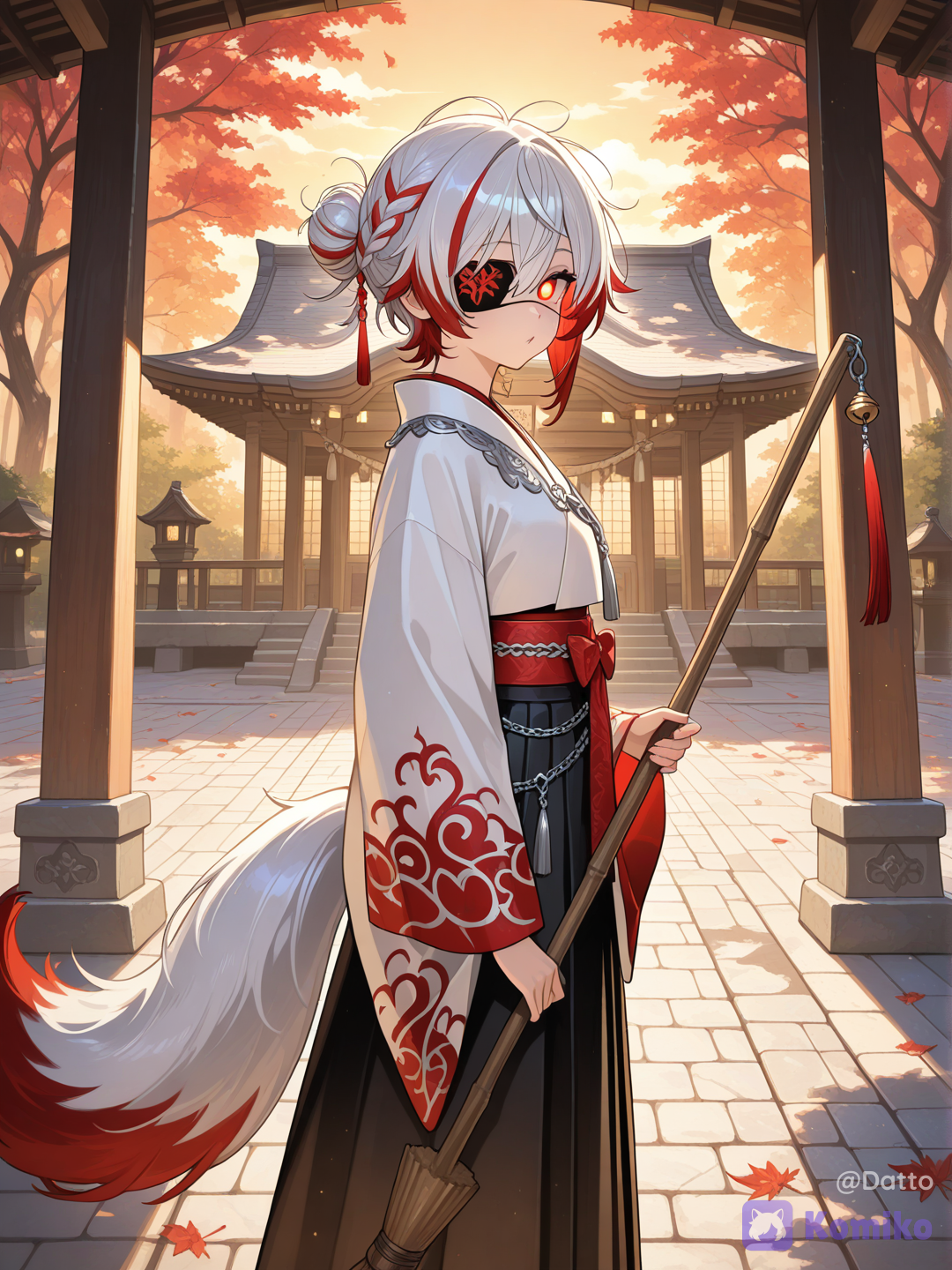@mirei-YBrw,OC, 1girl, 18+, young adult, short silver-white hair with wine-red streaks, asymmetrical wolf-cut bob, long side bangs, visible eye muted reddish amber, black matte eyepatch fully covering left eye, white and black traditional East Asian ceremonial robe, cropped white outer top with wide bell sleeves lined in deep red, silver cloud and phoenix embroidery across the chest and sleeves, diagonal red sash with small silver charms, wide red waist wrap with hanging silver chain tassels, black underskirt, long red streamers trailing from the sleeve cuffs, mid-motion sweeping the shrine courtyard with a simple wooden broom, paused mid-sweep, upper body still angled toward her work, head turned just enough to glance sideways at the viewer from the corner of her eye, calm composed expression, the faintest ghost of quiet acknowledgment rather than a smile, an unspoken sense of "you may enter, if you dare" carried in her stillness rather than her words, a large translucent fox spirit looming upright behind her like a living shadow, its ember-red form towering taller than she is, faint glowing eyes matching hers, more felt as presence than clearly seen, ancient wooden shrine courtyard with a curved tiled roof and weathered vermillion pillars, clean stone pathway swept smooth beneath her, tall trees surrounding the courtyard with soft dappled sunlight filtering through, a few loose red leaves drifting gently in the breeze, faint warm golden afternoon light rather than gloom, soft magical haze low near the ground, medium view angled slightly from her side as though someone just stepped through the shrine gate, sense of quiet dignified authority softened by an underlying gentleness, semi-realistic anime style, cinematic lighting, highly