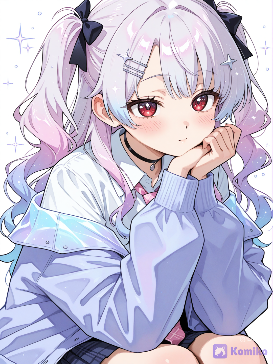1girl, 18+, young adult, long wavy silver-blue hair fading into a soft pink-purple gradient at the lower lengths, two small side ponytails near the crown, a black ribbon bow on one side, small silver X-shaped hair clips scattered near the bangs, bright red eyes, soft gentle smile, faint blush across the cheeks, oversized pale lavender-blue hooded jacket with a faint iridescent holographic sheen, unzipped and worn loosely, a black choker at the neck, a school-style collared shirt underneath with a pink plaid necktie, dark pleated skirt, chin resting lightly on one hand, elbow propped up, a thoughtful gentle expression, small sparkling light particles drifting softly around her, plain white background, semi-realistic anime style, highly[glossy-anime-style]