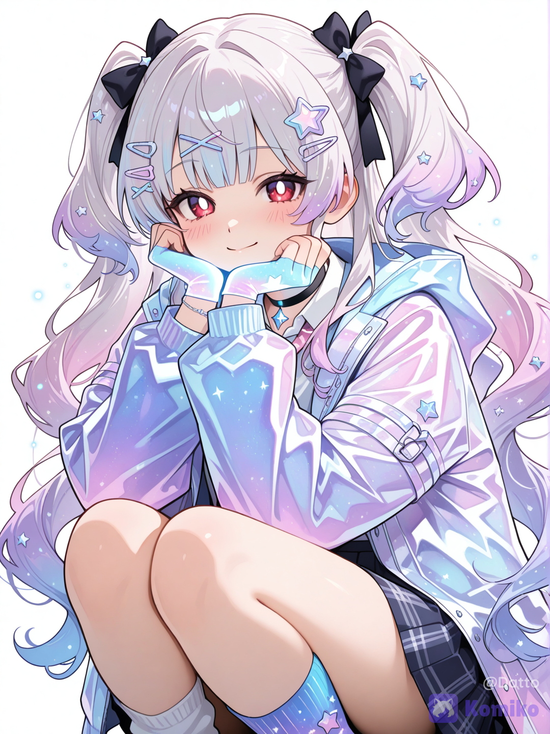 1girl, 18+, young adult, long wavy silver-blue hair fading into a soft pink-purple gradient at the lower lengths, two small side ponytails near the crown, a black ribbon bow on one side, small silver X-shaped hair clips scattered near the bangs, bright red eyes, soft gentle smile, faint blush across the cheeks, oversized pale lavender-blue hooded jacket with a faint iridescent holographic sheen, unzipped and worn loosely, a black choker at the neck with a small glowing crystal module embedded at the center pulsing softly, a school-style collared shirt underneath with a pink plaid necktie, dark pleated skirt, one sock patterned with a small asymmetrical star design differing subtly from the other, a tiny holographic star-shaped pin fastened near the jacket's collar, fingerless tech gloves with a faint glowing trim at the cuffs, a few small soft light particles drifting faintly near her raised hand only, chin resting lightly on one hand, elbow propped up, a calm gentle smile carrying quiet warmth, plain white background, semi-realistic anime style, highly[glossy-anime-style]