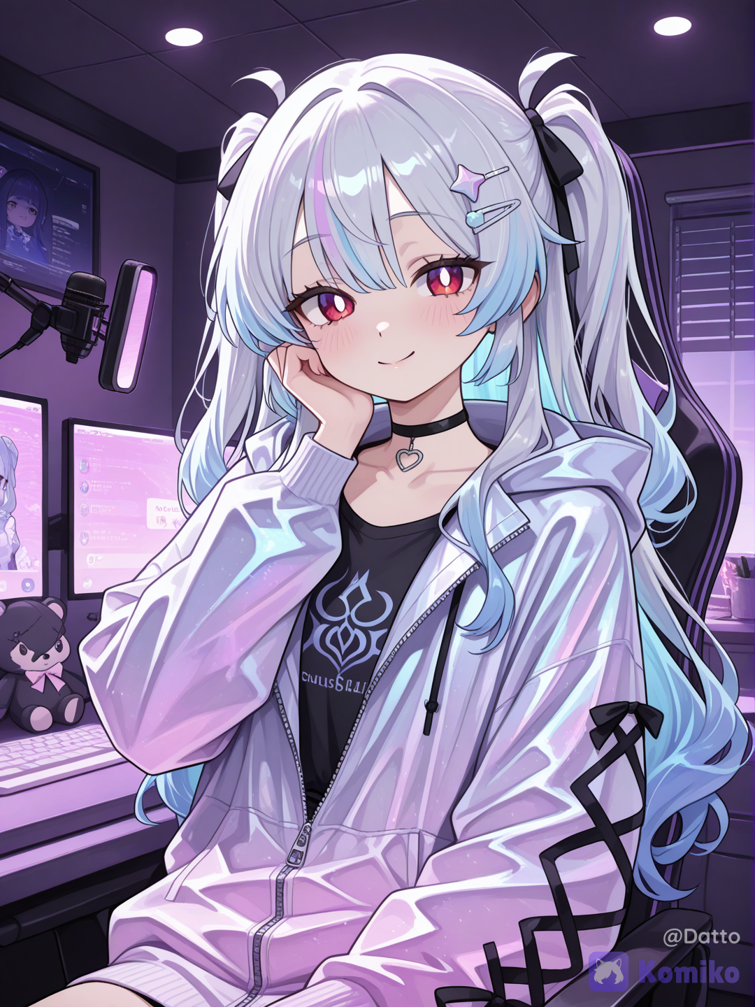 1girl, 18+, young adult, long wavy silver-blue hair fading into a soft pink-purple gradient at the lower lengths, two small side ponytails near the crown, a black ribbon bow on one side, small silver X-shaped hair clips scattered near the bangs, bright red eyes half closed in a quiet unguarded moment, gentle unposed smile, one hand raised to rub the back of her own neck, oversized pale lavender-blue hooded jacket with a faint iridescent holographic sheen, unzipped and worn loosely, a black choker with a small glowing crystal module pulsing softly, leaning back deeply into her gaming chair, head tilted back against the headrest, shoulders relaxed and slack, a small quiet exhale caught mid-breath as though she just let out a long sigh, eyes drifting toward the ceiling rather than forward, completely unaware of being watched, gaze not directed at the viewer or the camera at all, a cozy personal streaming room, a compact desk with a boom-arm microphone swung slightly to one side, two small monitors softly glowing with a chat overlay and a document window, soft ambient LED strip lighting along the walls cycling faint purple and pink hues, a plush stuffed animal and a half-finished cup of tea resting on the desk, warm dim room lighting mixing with the cool LED glow, slightly messy in a lived-in way rather than a polished studio, medium view from slightly off to the side as though the camera has simply been left recording, sense of a private candid moment caught by accident, semi-realistic anime style, highly[glossy-anime-style]