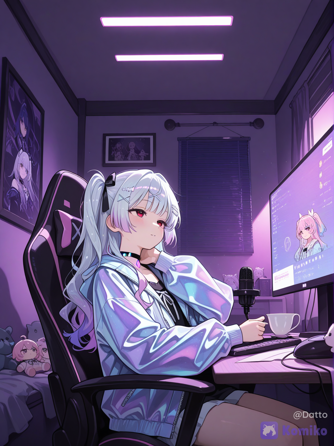 1girl, 18+, young adult, long wavy silver-blue hair fading into a soft pink-purple gradient at the lower lengths, two small side ponytails near the crown, a black ribbon bow on one side, small silver X-shaped hair clips scattered near the bangs, bright red eyes half closed in a quiet unguarded moment, gentle unposed smile, one hand raised to rub the back of her own neck, oversized pale lavender-blue hooded jacket with a faint iridescent holographic sheen, unzipped and worn loosely, a black choker with a small glowing crystal module pulsing softly, leaning back deeply into her gaming chair, head tilted back against the headrest, shoulders relaxed and slack, a small quiet exhale caught mid-breath as though she just let out a long sigh, eyes drifting toward the ceiling rather than forward, completely unaware of being watched, gaze not directed at the viewer or the camera at all, a cozy personal streaming room, a compact desk with a boom-arm microphone swung slightly to one side, two small monitors softly glowing with a chat overlay and a document window, soft ambient LED strip lighting along the walls cycling faint purple and pink hues, a plush stuffed animal and a half-finished cup of tea resting on the desk, warm dim room lighting mixing with the cool LED glow, slightly messy in a lived-in way rather than a polished studio, medium view from slightly off to the side as though the camera has simply been left recording, sense of a private candid moment caught by accident, semi-realistic anime style, highly[glossy-anime-style]
