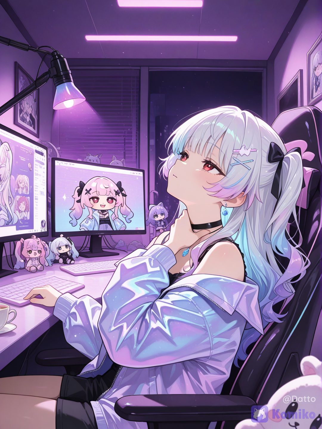 1girl, 18+, young adult, long wavy silver-blue hair fading into a soft pink-purple gradient at the lower lengths, two small side ponytails near the crown, a black ribbon bow on one side, small silver X-shaped hair clips scattered near the bangs, bright red eyes half closed in a quiet unguarded moment, gentle unposed smile, one hand raised to rub the back of her own neck, oversized pale lavender-blue hooded jacket with a faint iridescent holographic sheen, unzipped and worn loosely, a black choker with a small glowing crystal module pulsing softly, leaning back deeply into her gaming chair, head tilted back against the headrest, shoulders relaxed and slack, a small quiet exhale caught mid-breath as though she just let out a long sigh, eyes drifting toward the ceiling rather than forward, completely unaware of being watched, gaze not directed at the viewer or the camera at all, a cozy personal streaming room, a compact desk with a boom-arm microphone swung slightly to one side, two small monitors softly glowing with a chat overlay and a document window, soft ambient LED strip lighting along the walls cycling faint purple and pink hues, a plush stuffed animal and a half-finished cup of tea resting on the desk, warm dim room lighting mixing with the cool LED glow, slightly messy in a lived-in way rather than a polished studio, medium view from slightly off to the side as though the camera has simply been left recording, sense of a private candid moment caught by accident, semi-realistic anime style, highly[glossy-anime-style]